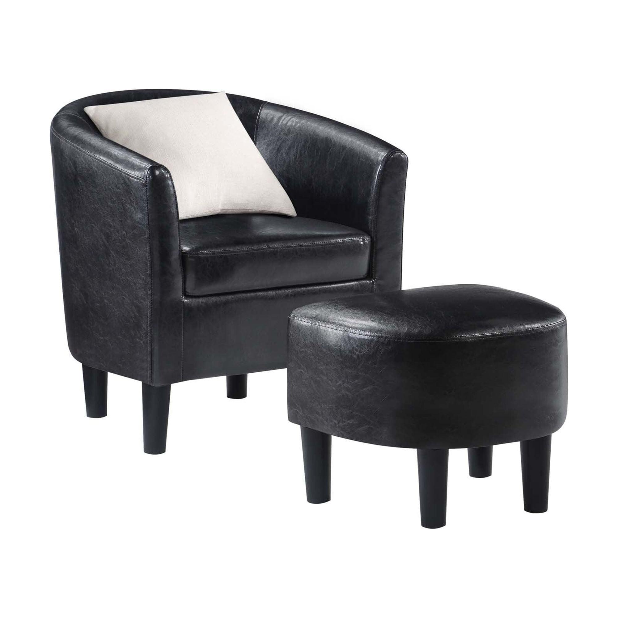 Contemporary Black Faux Leather Barrel Accent Chair and Ottoman