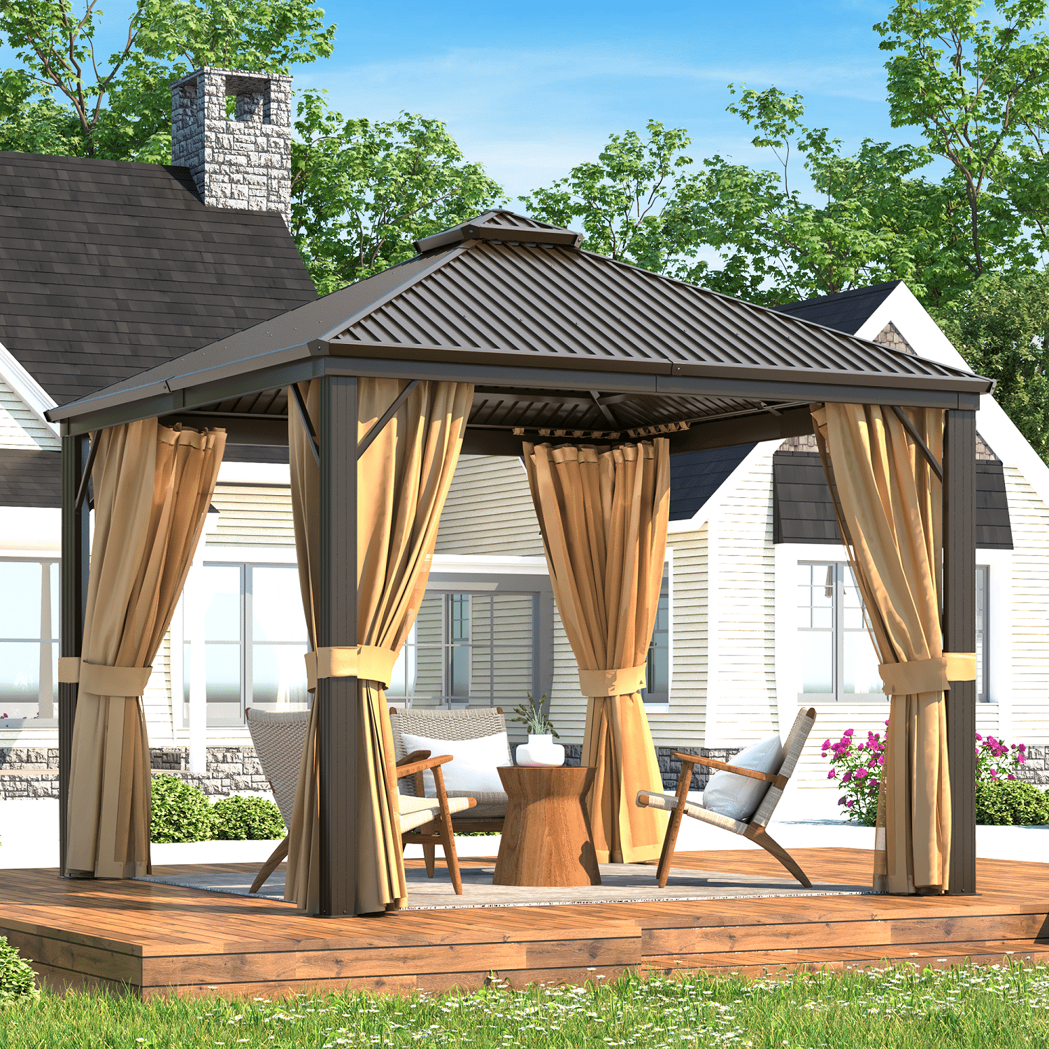 10'x10' Brown Aluminum Frame Hardtop Gazebo with Curtains and Netting