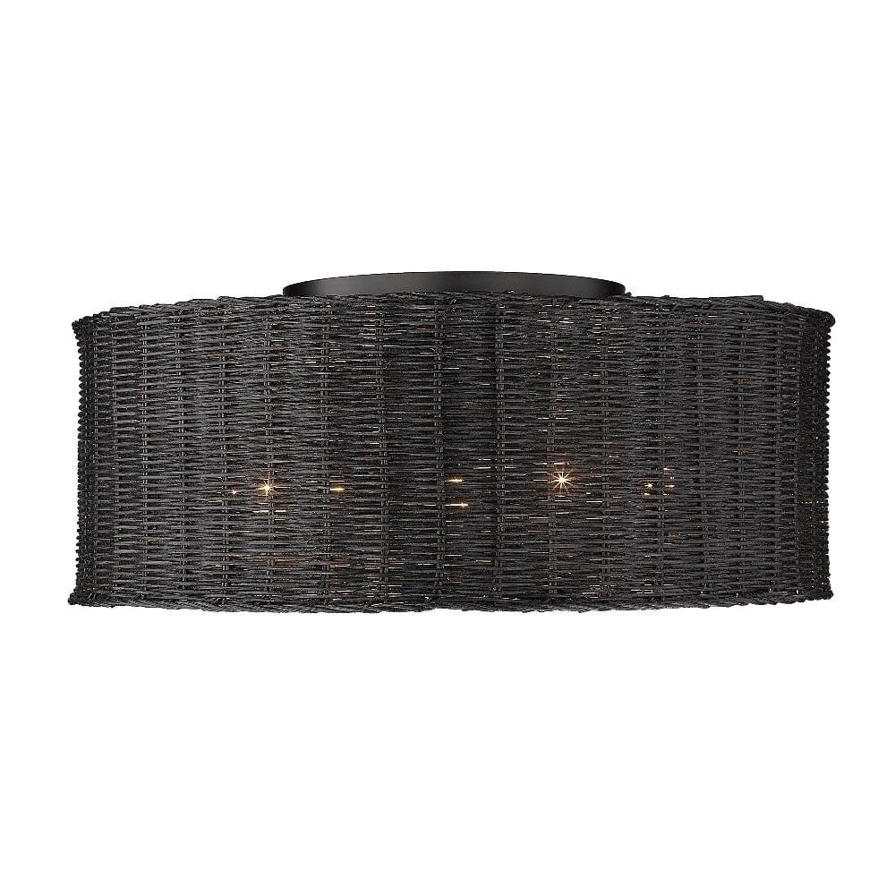 Erma Matte Black Woven Wicker 22'' Drum Flush Mount Light