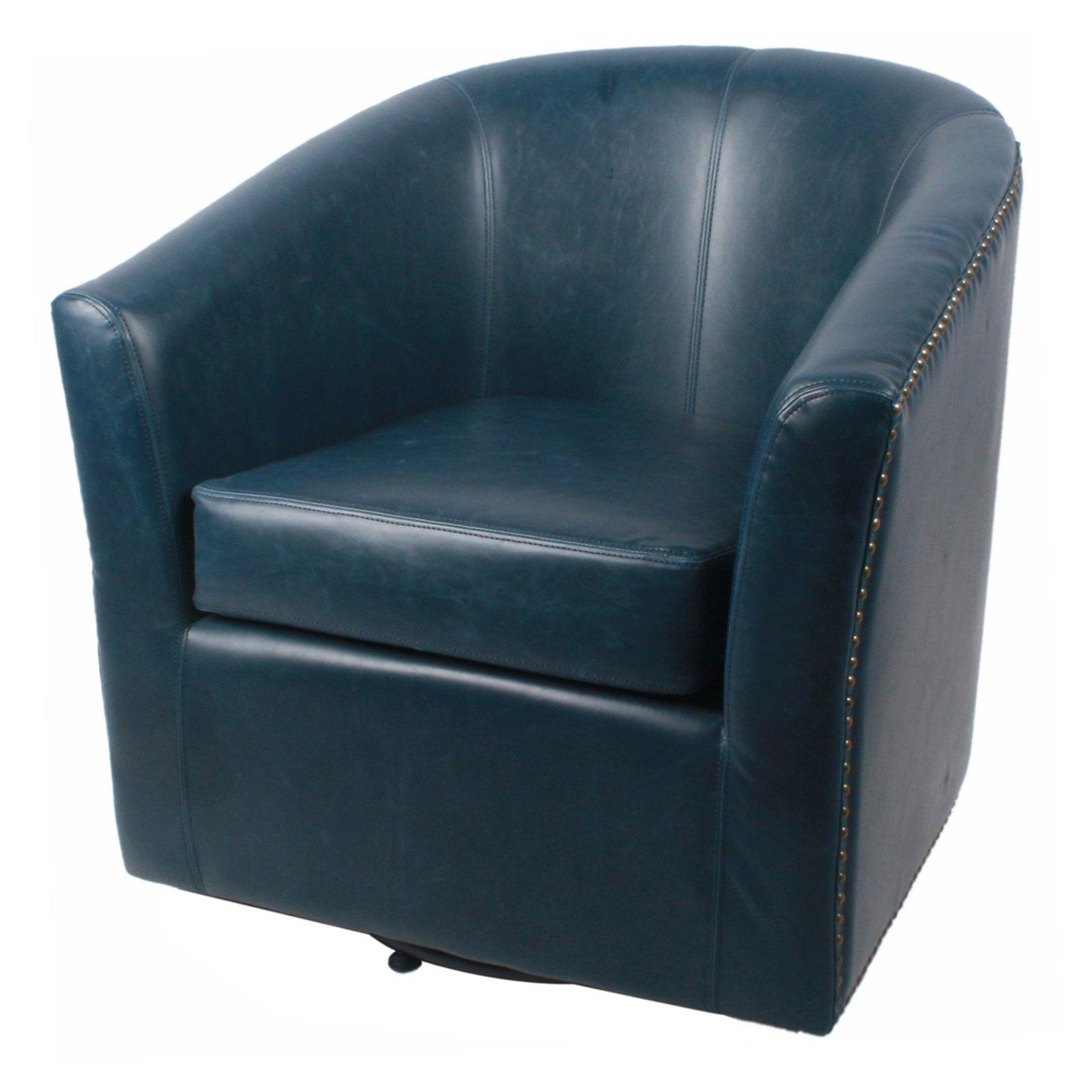 Vintage Blue Leather Swivel Barrel Accent Chair