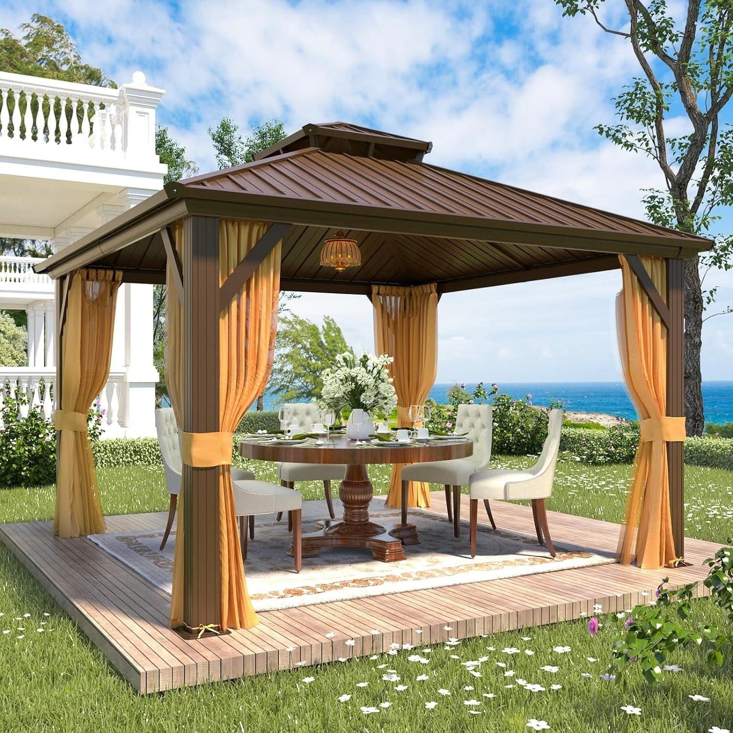 Erommy 12' x 12' Brown Aluminum Frame Gazebo with Curtains and Netting