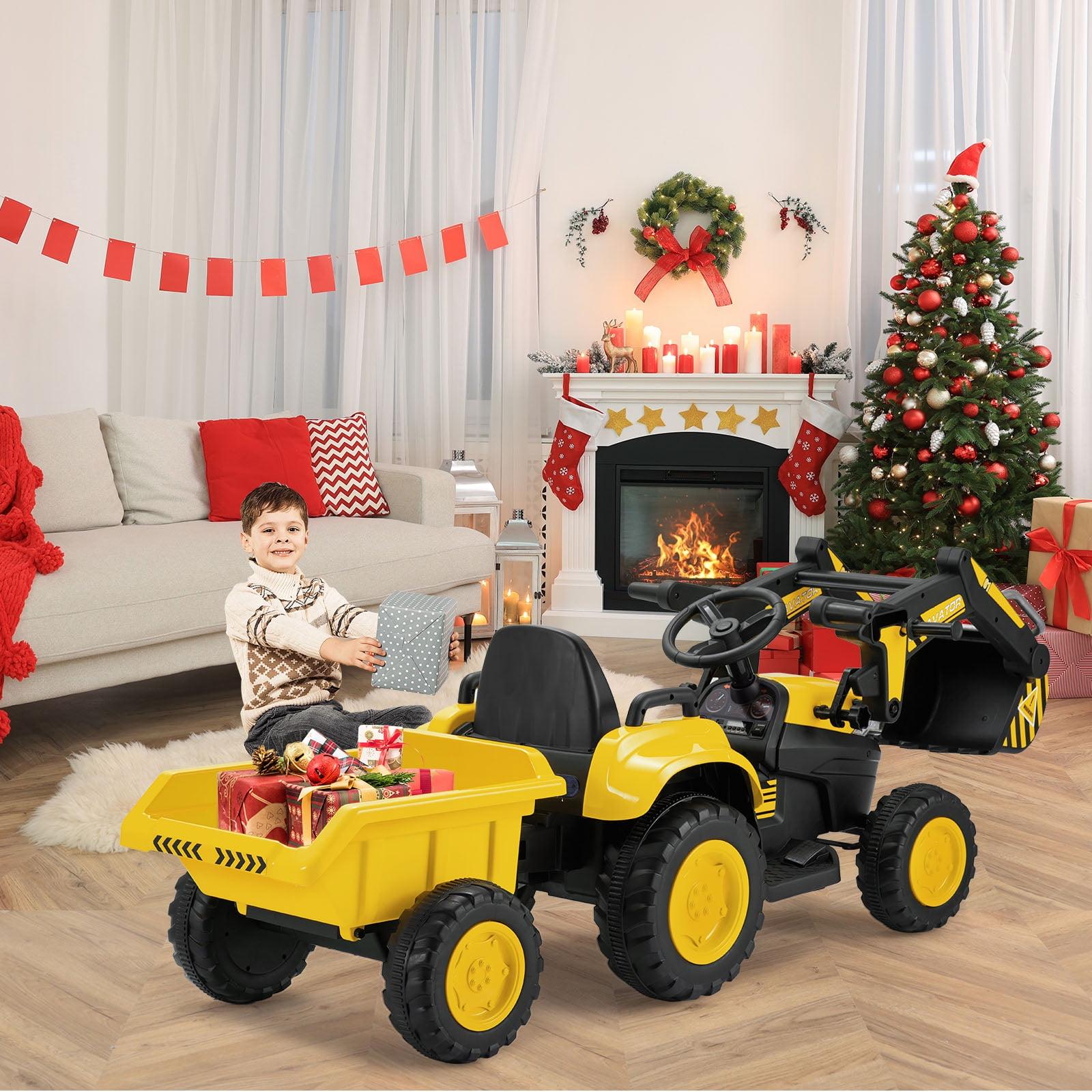 Yellow 12V Battery Powered Ride-On Excavator with Trailer