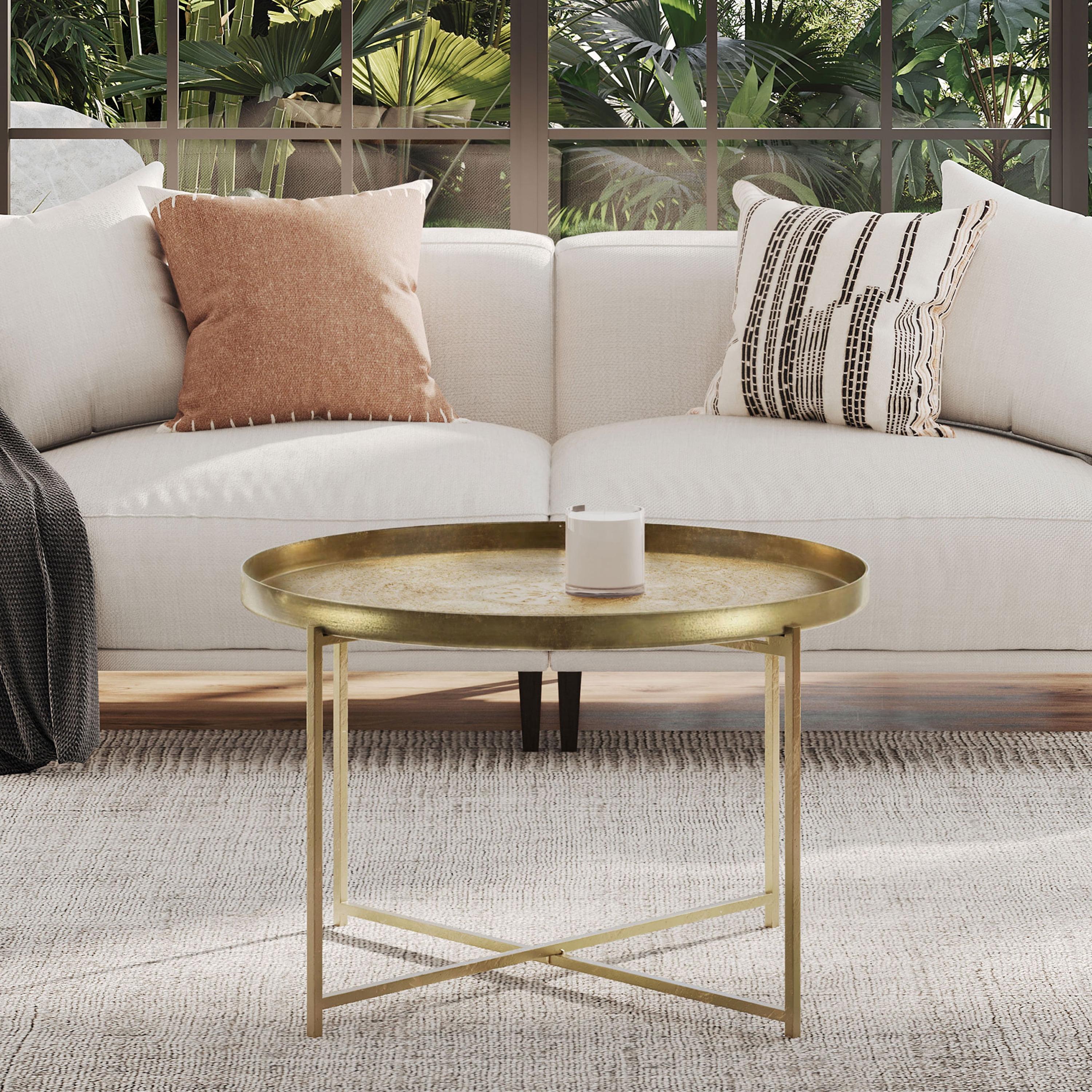 Large Round Antique Brass Metal Coffee Table with Etched Tray Top