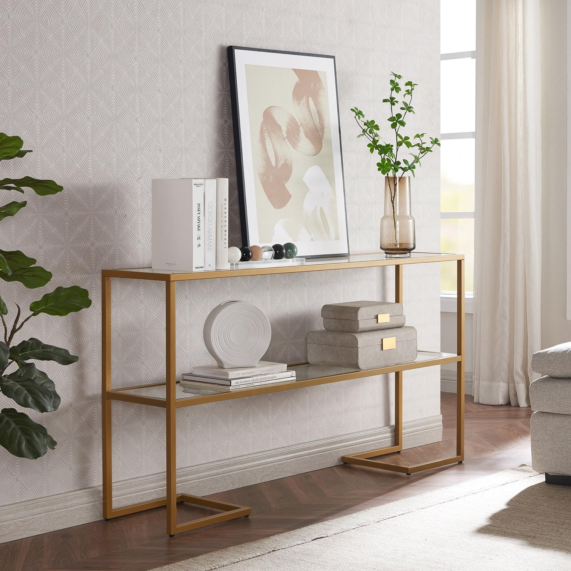 Elegant Gold 55" Metal & Glass Console Table with Storage Shelf