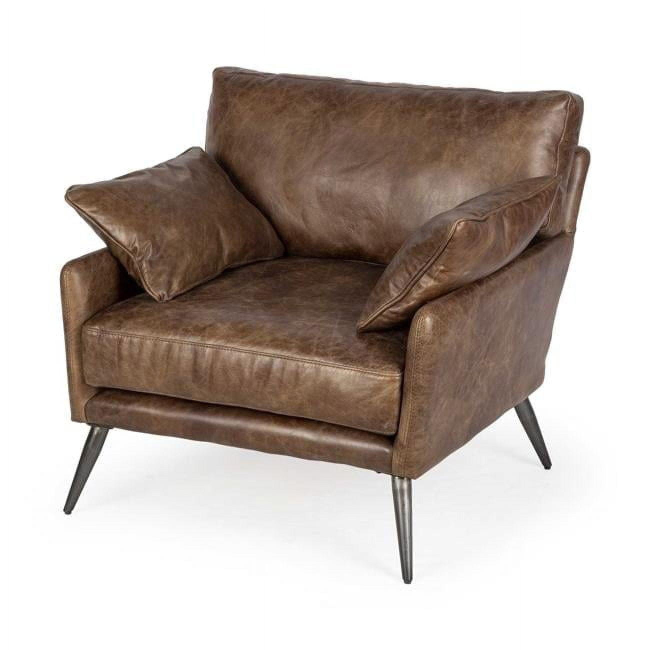 Espresso Brown Top-Grain Leather Wide Accent Chair with Wooden Frame & Iron Legs