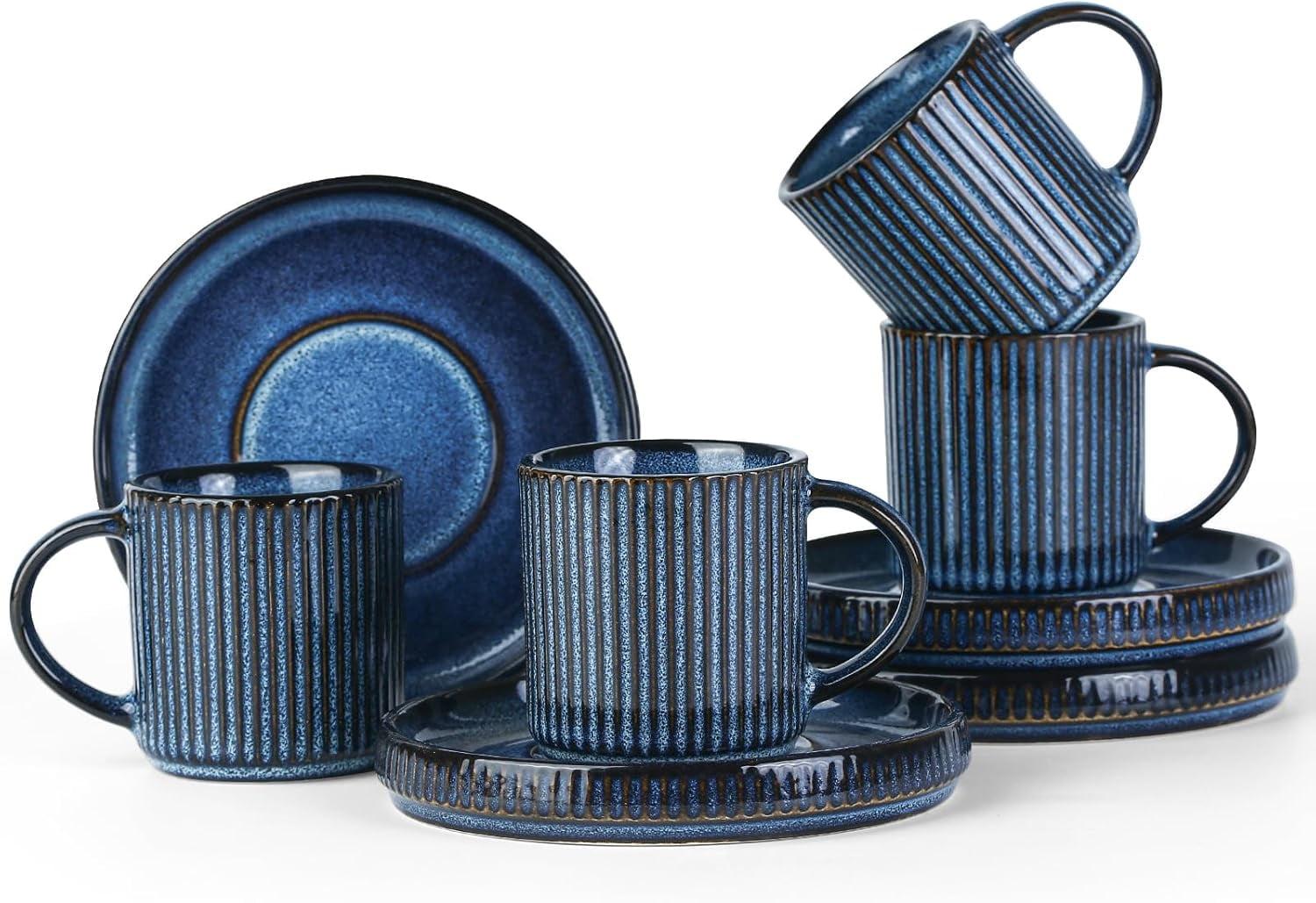 Espresso Cups and Saucers Set of 4, [ Mini ] 3 oz Ceramic Small Coffee Mug with Handle, Ribbed Stoneware Demitasse Cup for Tea, Latte - Microwave & Dishwasher Safe - Nebulas Blue