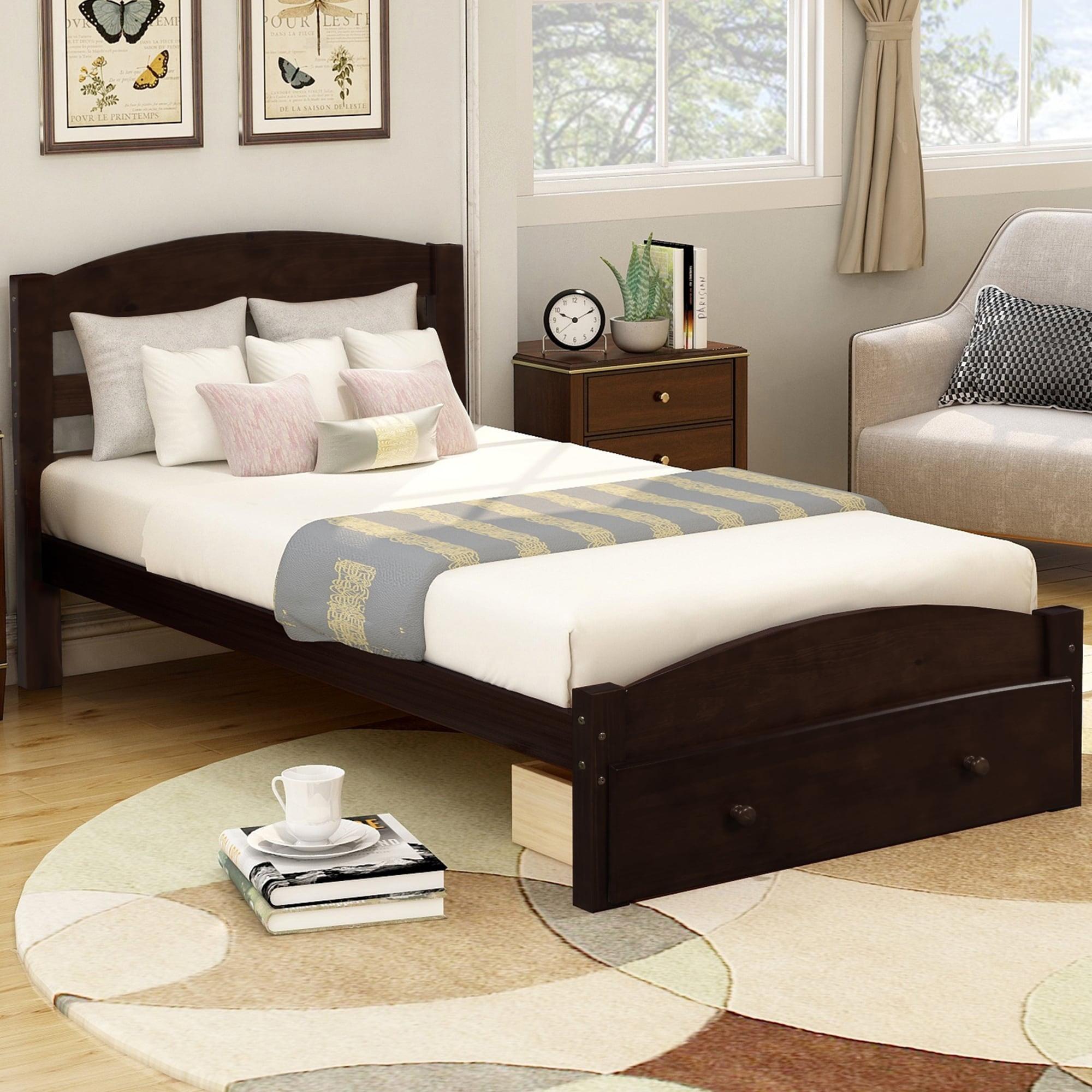 Espresso Pine Twin Platform Bed Frame with Storage Drawer and Slats