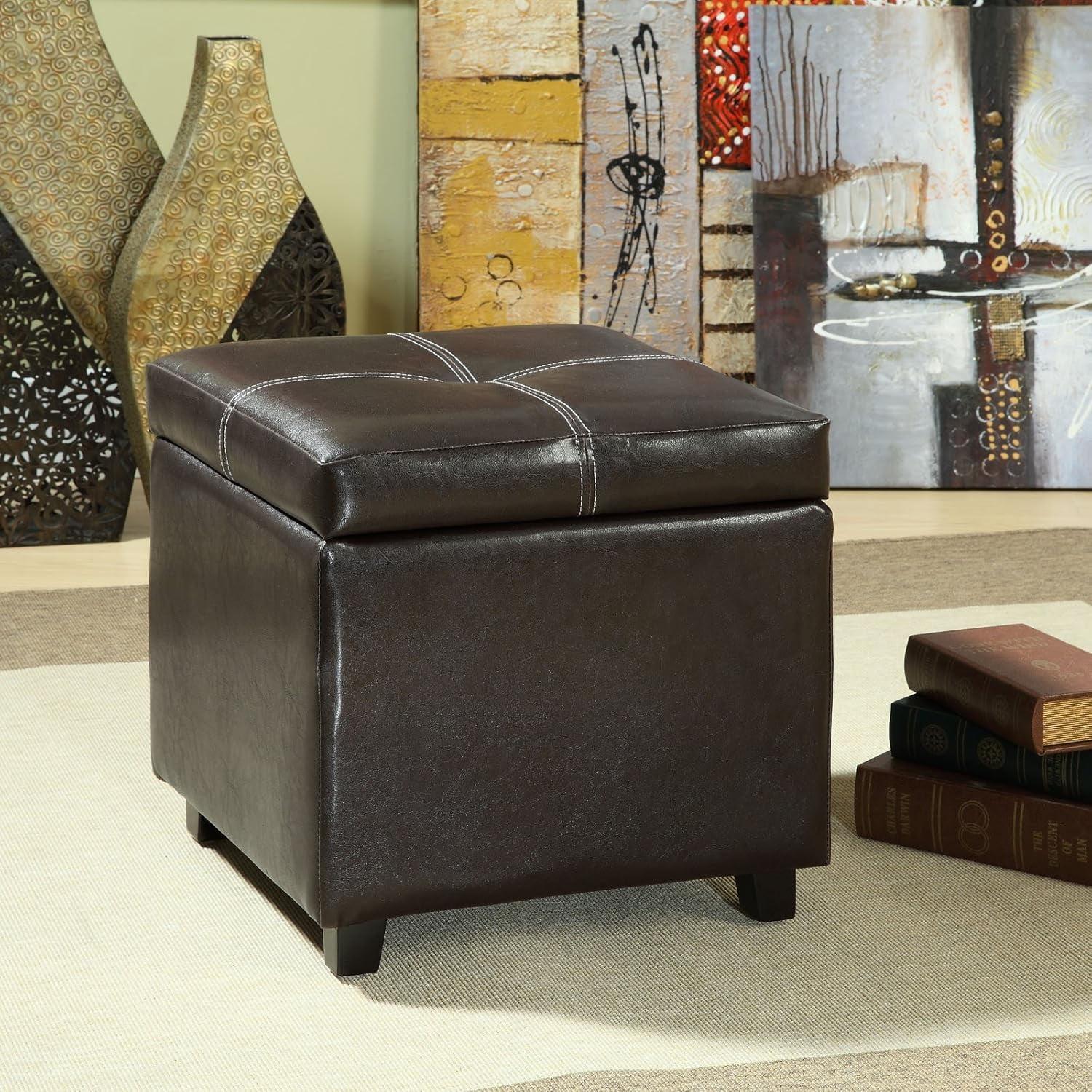 Full Leather Storage Cube Ottoman Dark Brown - Baxton Studio: Safety Hinge, No Assembly Required