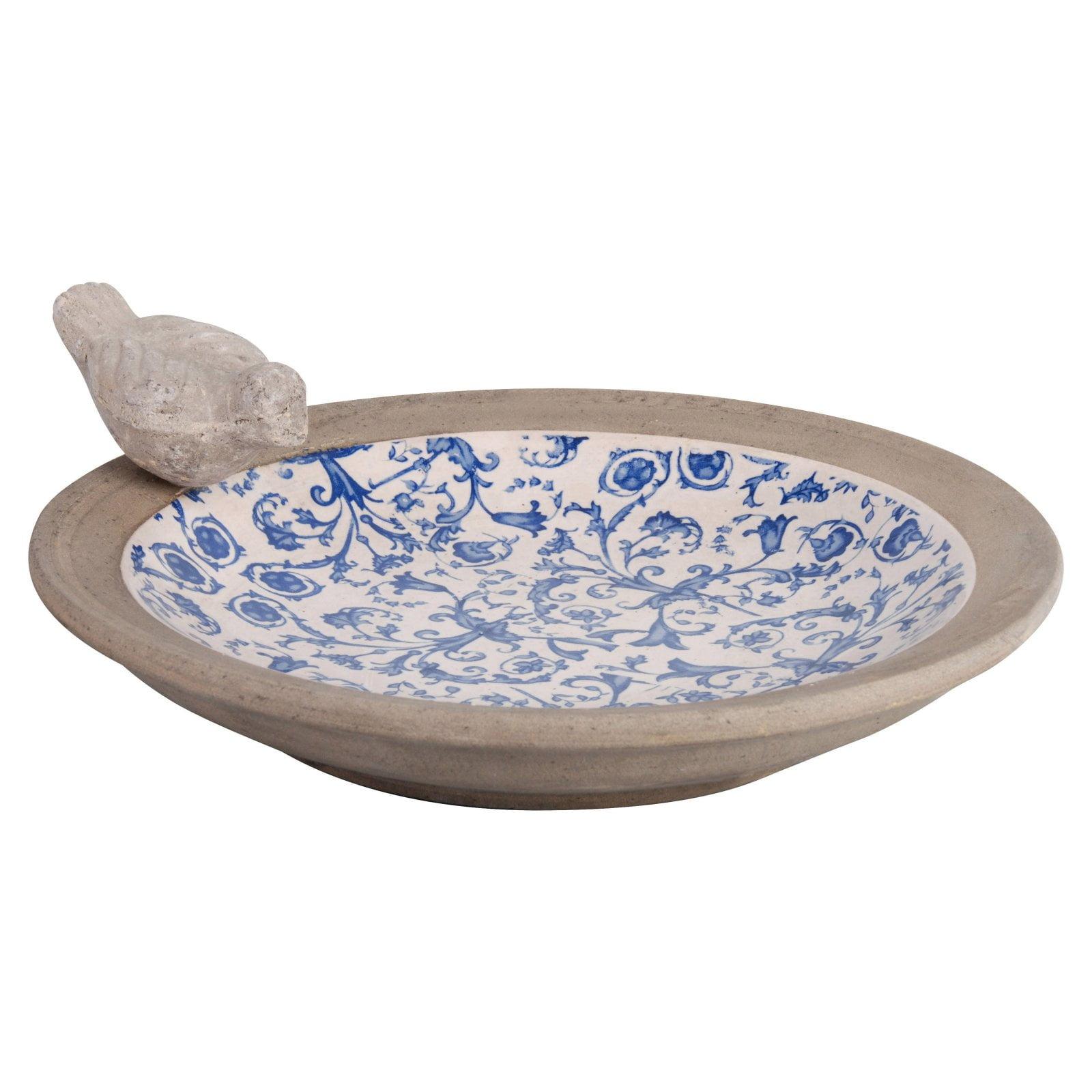 Blue and White Ceramic Birdbath with Floral Pattern