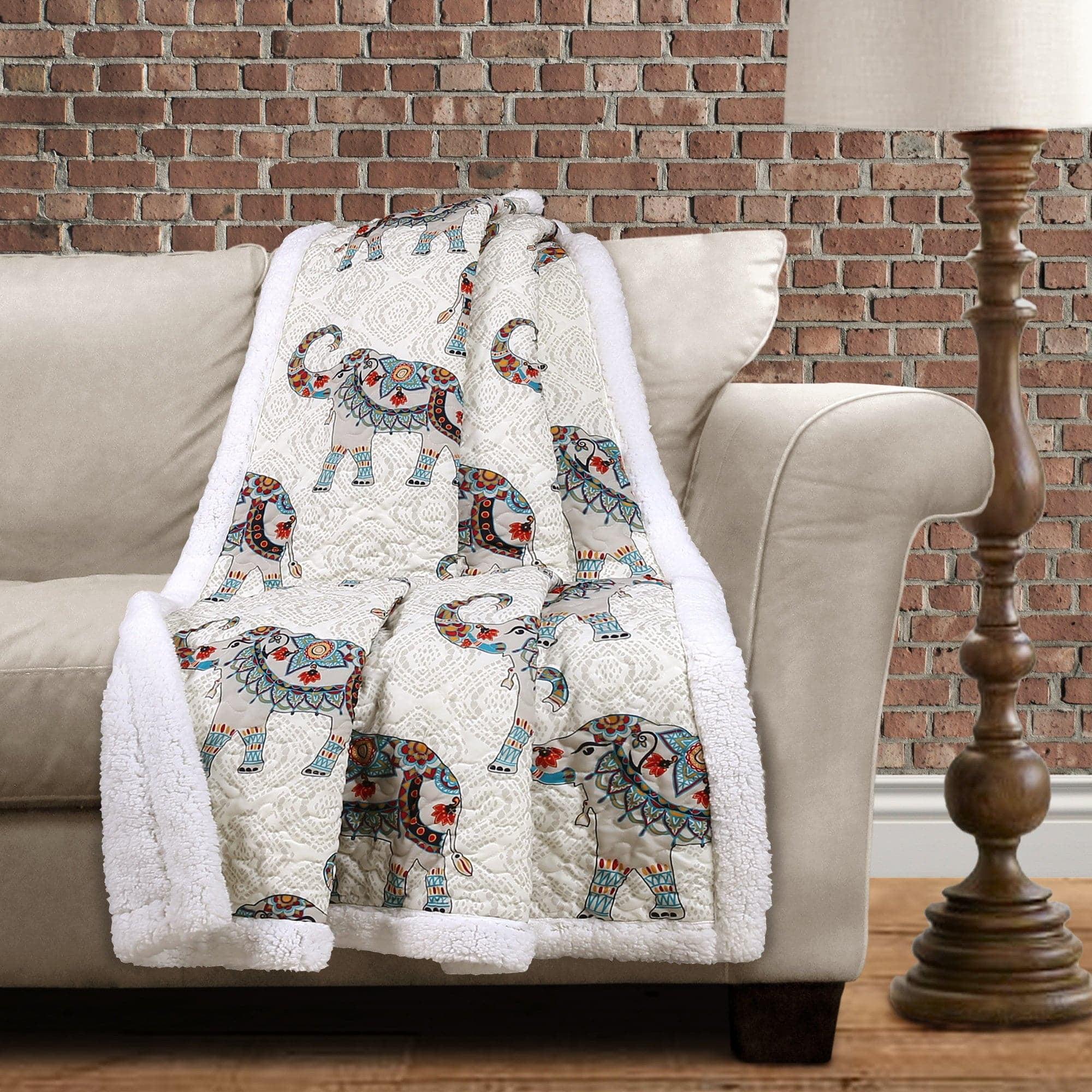 Colorful Bohemian Elephant Print Sherpa Throw Blanket