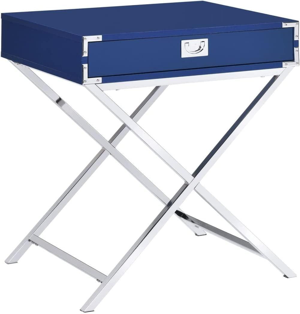 Glossy Blue 1-Drawer Nightstand with Silver Metal Legs