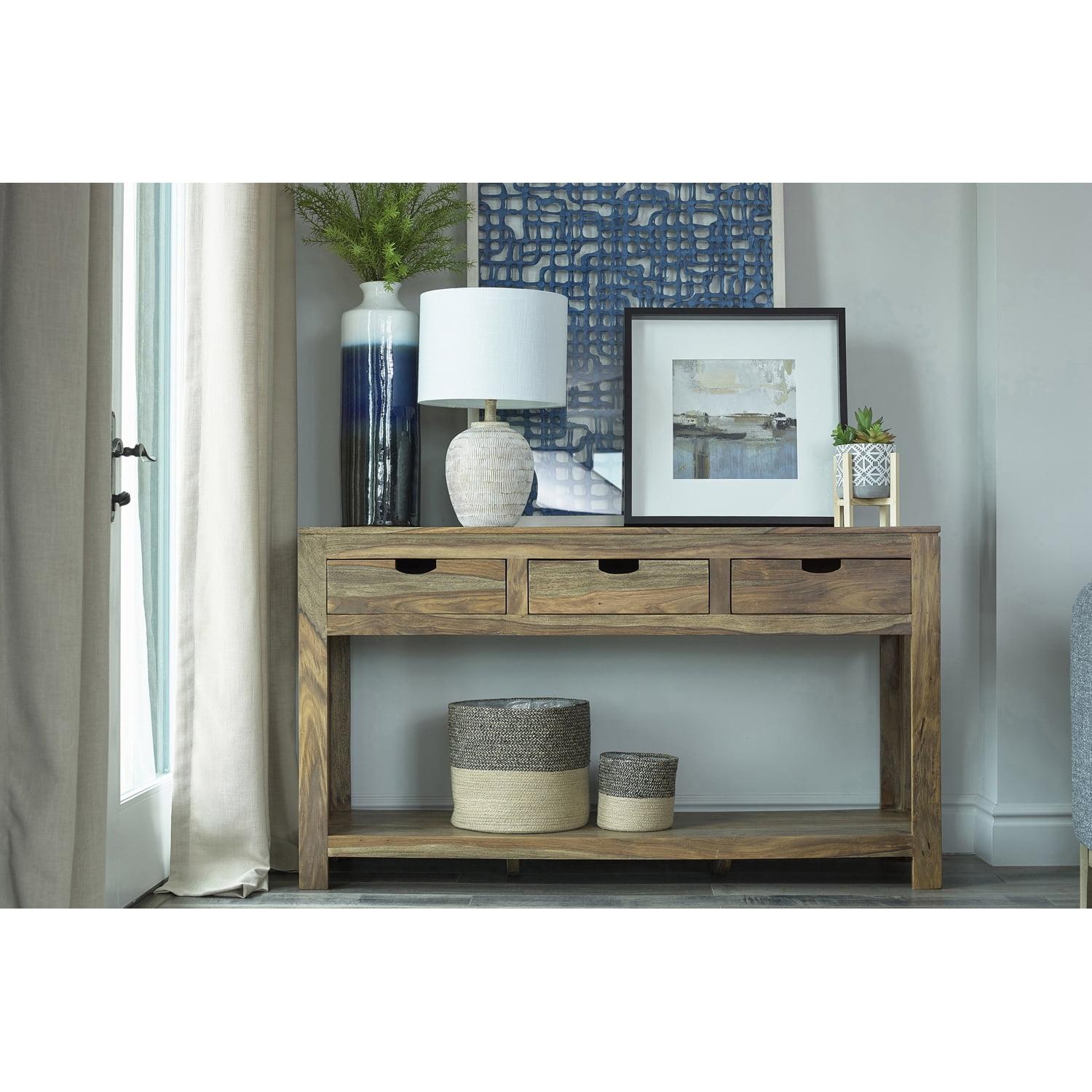 Natural Sheesham 3-Drawer Rectangular Console Table with Storage