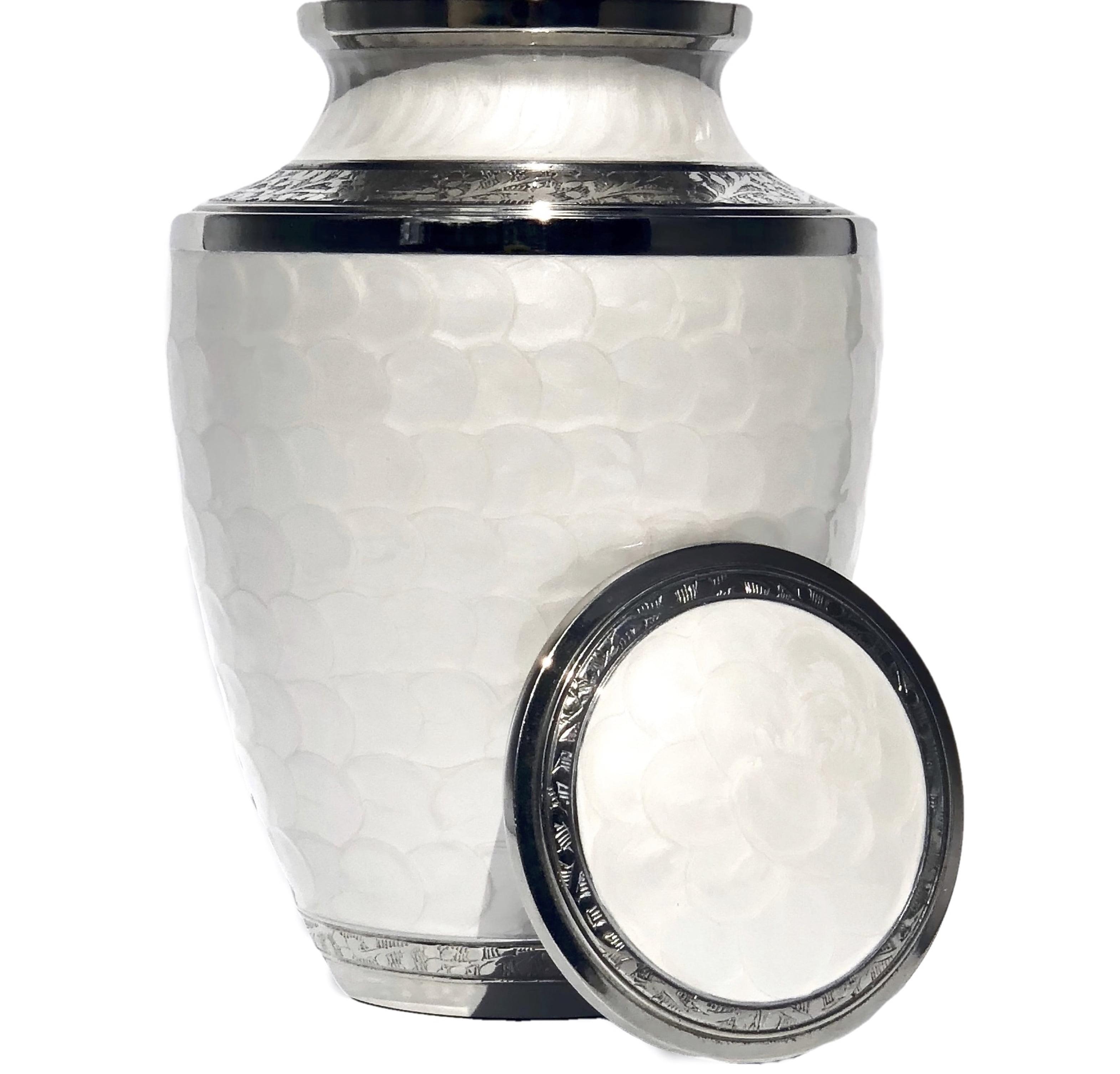 Pearl White Handcrafted Metal Cremation Urn with Engraved Details