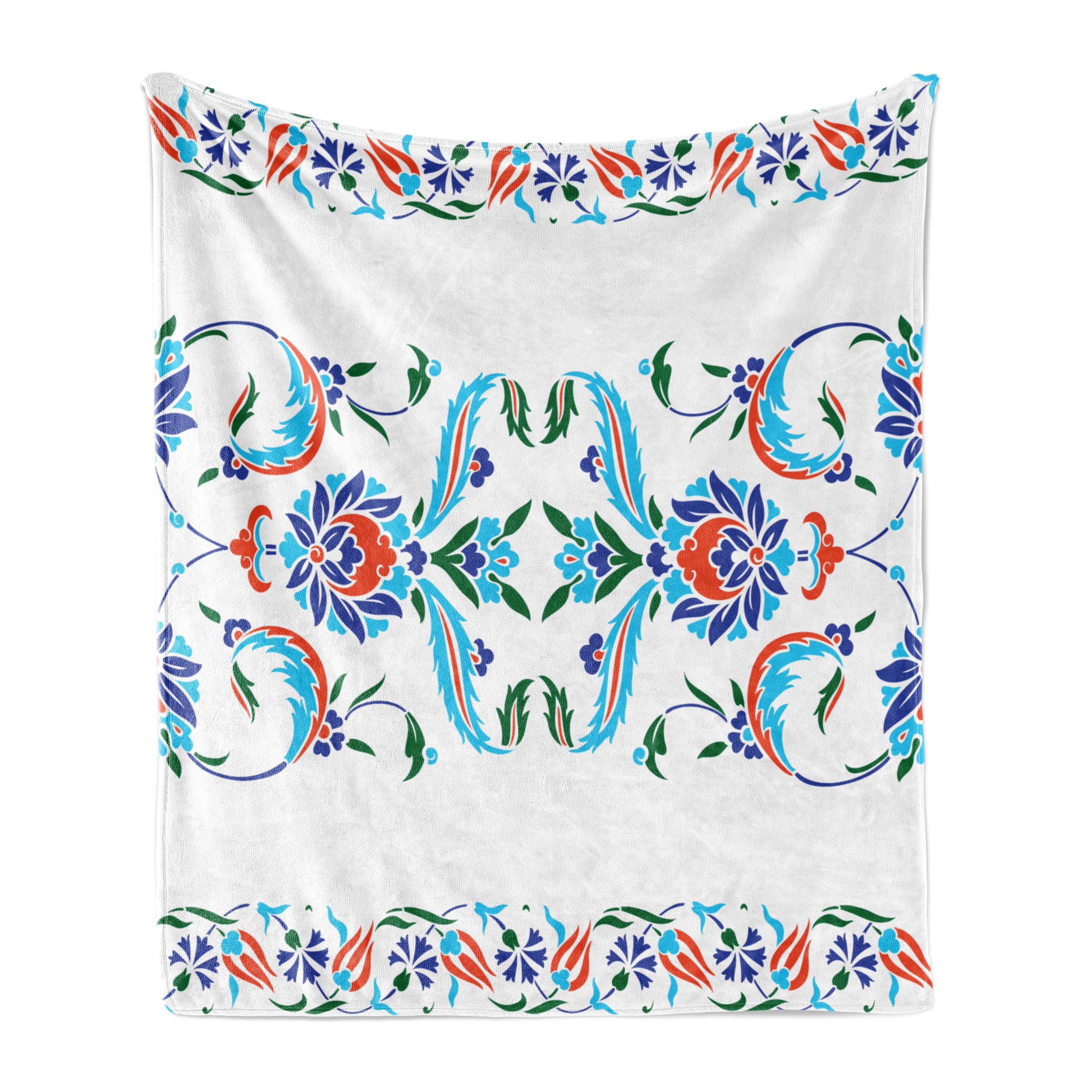 Ambesonne Ambesonne Traditional Fleece Throw Blanket Ottoman Tulips Blue Red