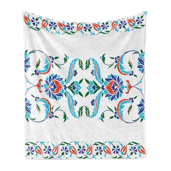 Ambesonne Ambesonne Traditional Fleece Throw Blanket Ottoman Tulips Blue Red
