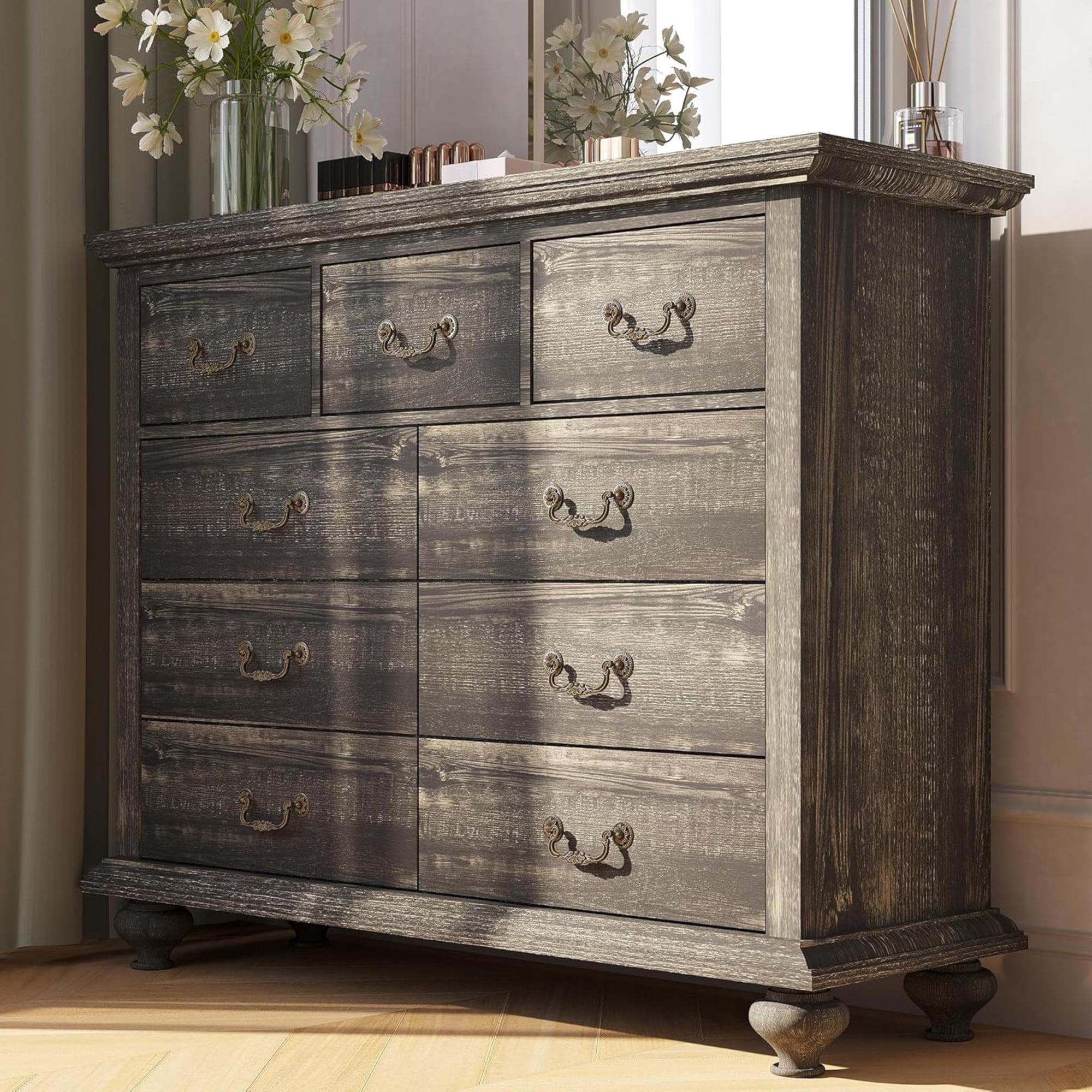 Black Rustic Wood 9-Drawer Dresser with Carved Handles