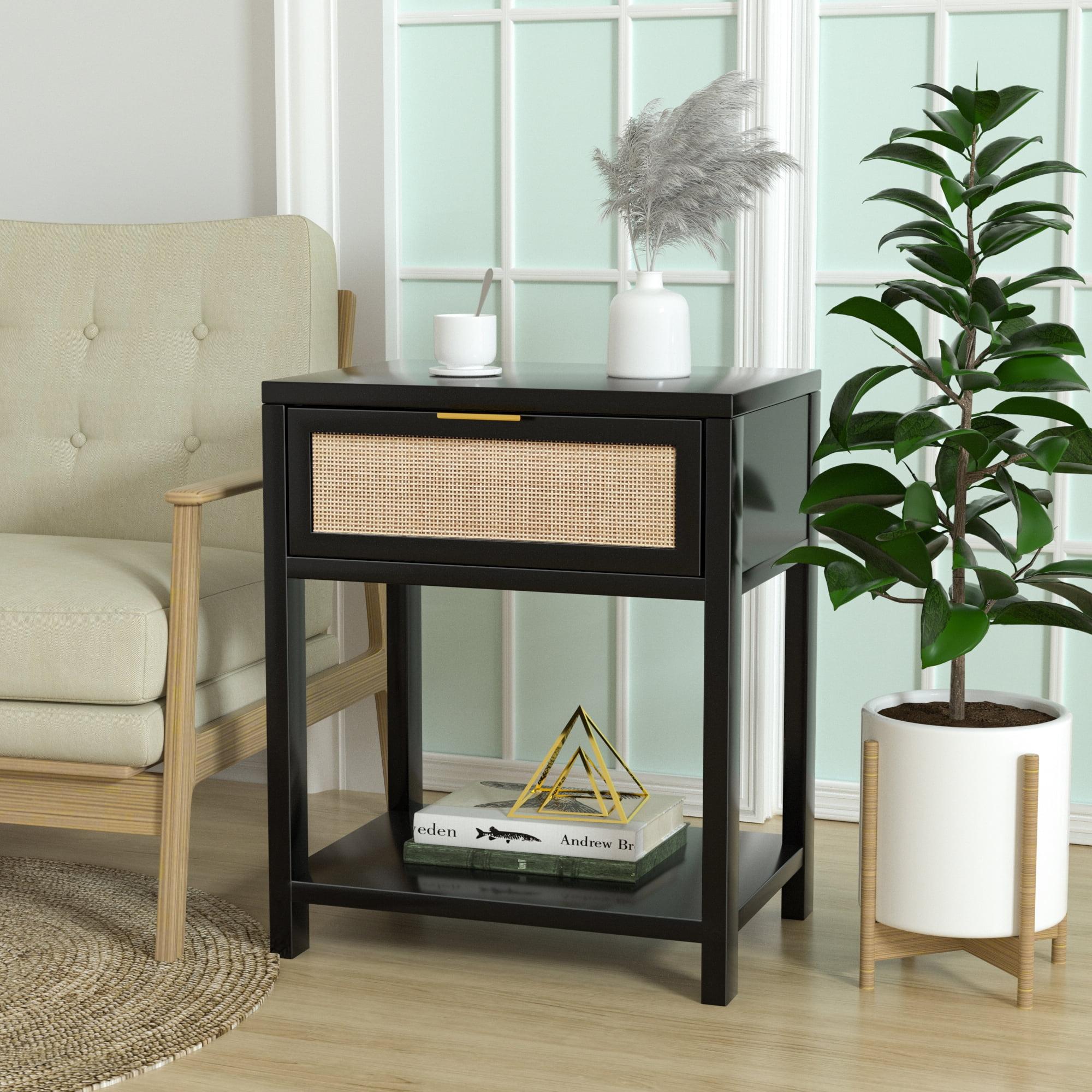 Eumyviv 24" H Wood Nightstand, Mid-Century Modern End Table with Storage Drawer, Rattan Bedside Table, Black Finished Sofa Side Table for Living Room Bedroom,H0020