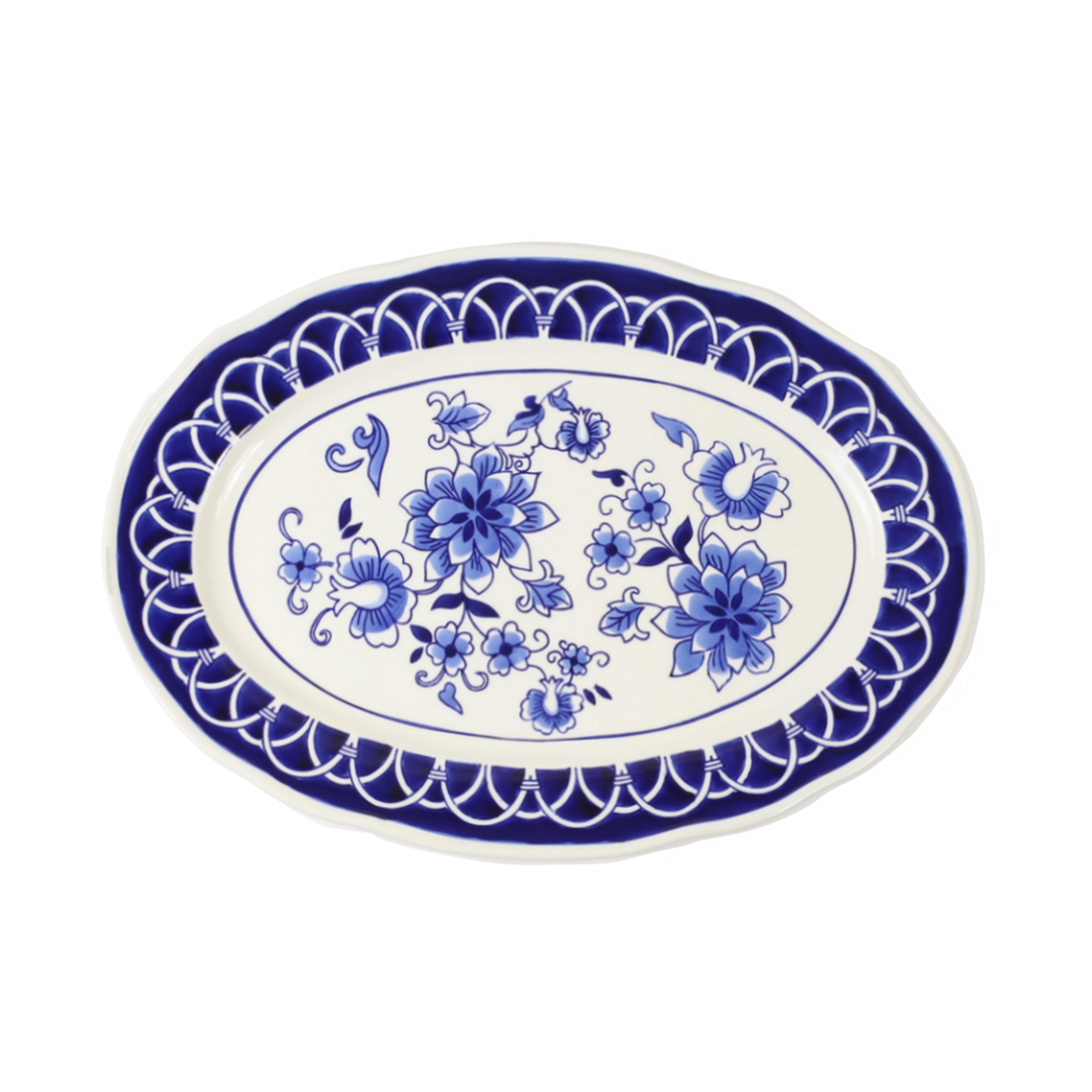 Blue and White Ceramic Oval Serving Platter, 18.5"