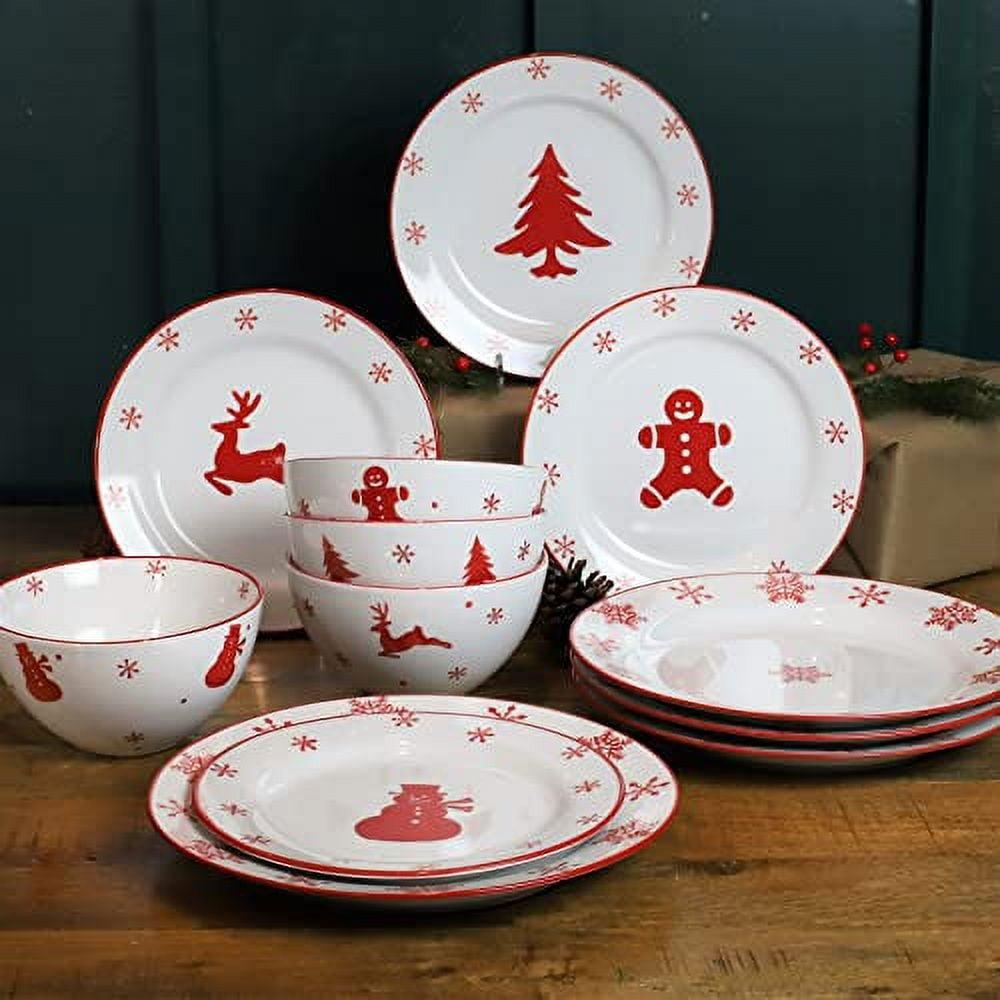 Winterfest Red and White Ceramic Holiday Dinnerware Set, Service for 4