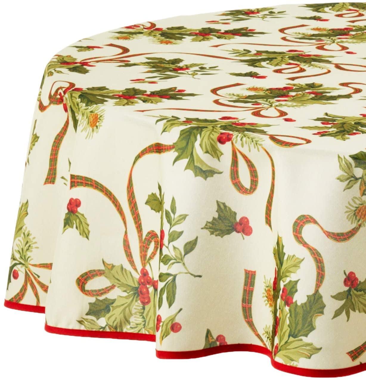 European Seasonal Christmas Ribbons Tablecloth Beige 60" Round