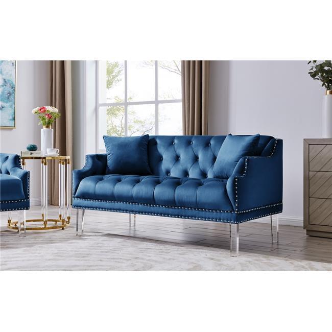 Eva Blue Velvet Tufted Loveseat with Acrylic Legs and Nailhead Details