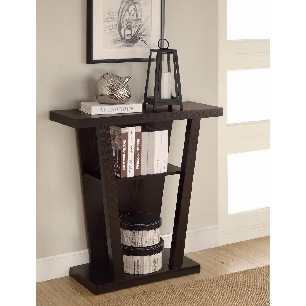 Transitional Cappuccino Console Table with Slanted Silhouette and Storage
