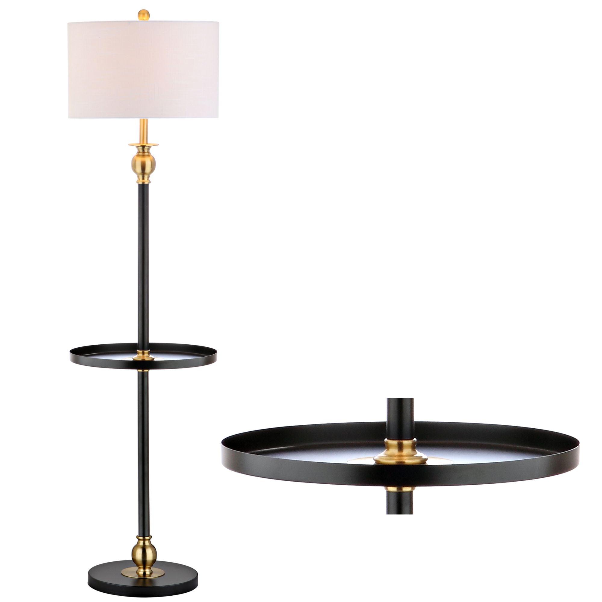 Elegant Arc 61" Black and Gold Metal End Table Floor Lamp with Linen Shade