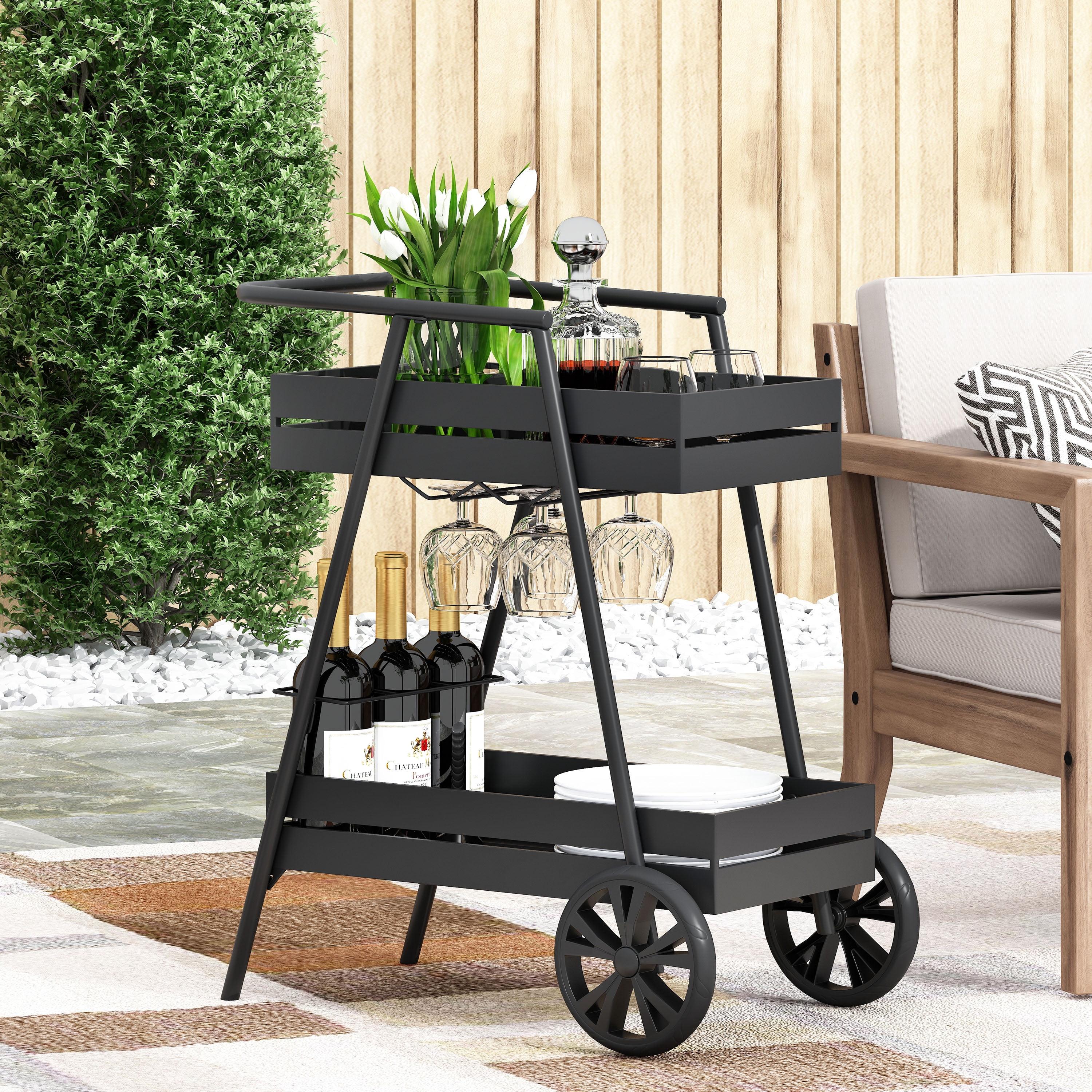 Matte Black Iron Outdoor Rectangular Bar Cart with Storage