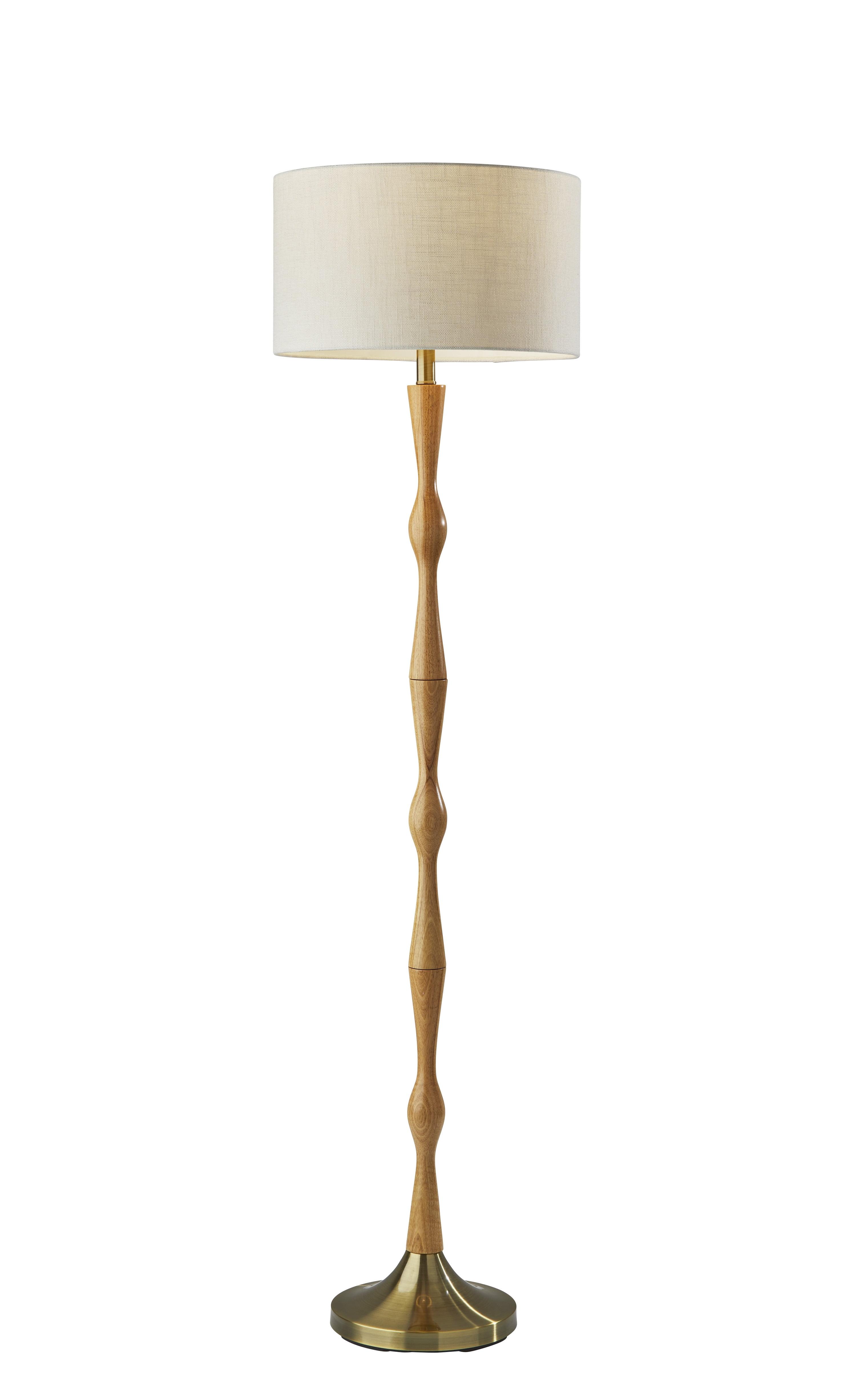 Antique Brass & Natural Oak Off-White Shade Modern Bohemian Floor Lamp