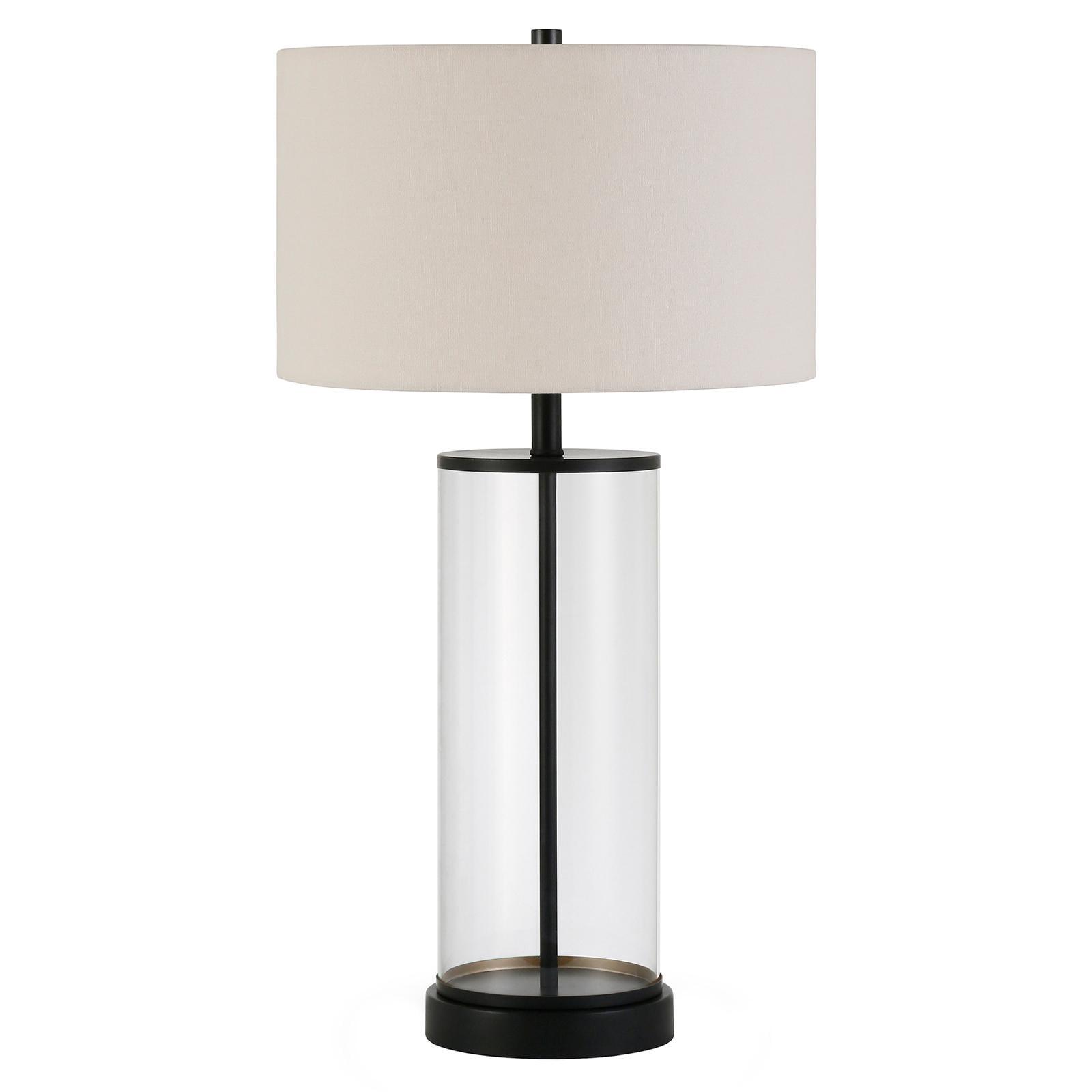 Blackened Bronze and Glass Cylinder Table Lamp with Linen Shade