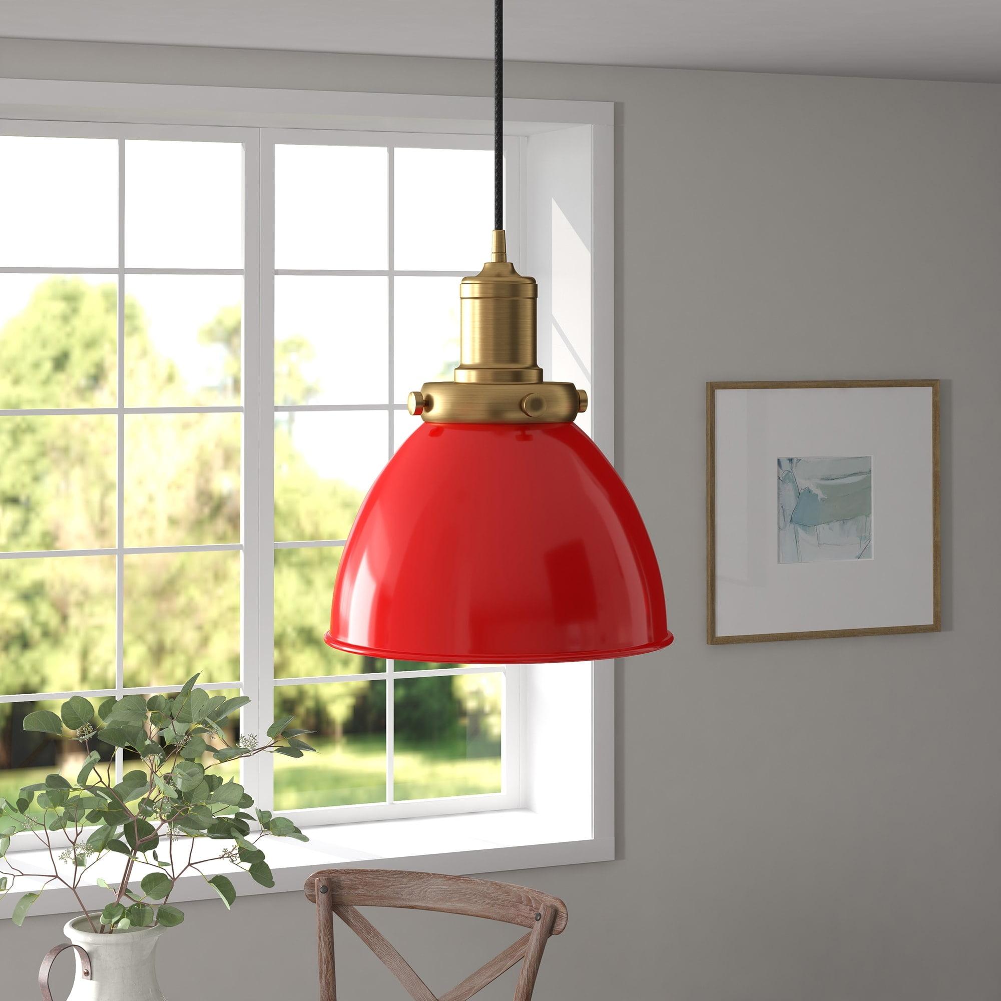 Hudson and Canal 8" Wide Pendant with Metal Shade Poppy Red/Brass: Industrial Style, UL Listed, E26 Socket