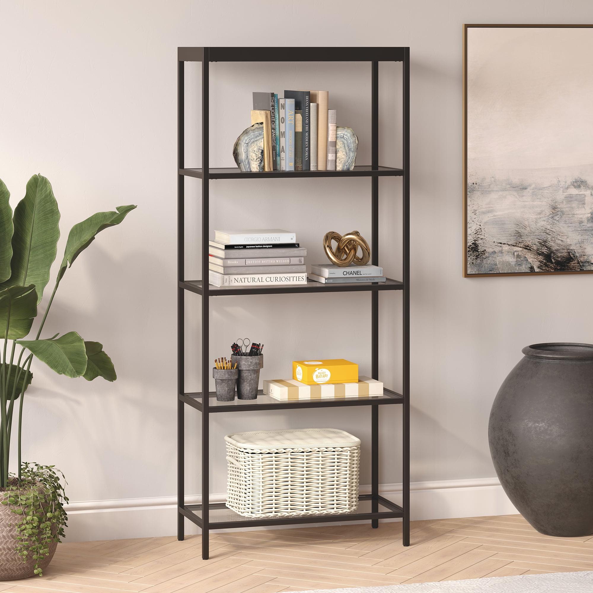 Alexis 70'' High Blackened Bronze Bookcase with Tempered Glass Shelves