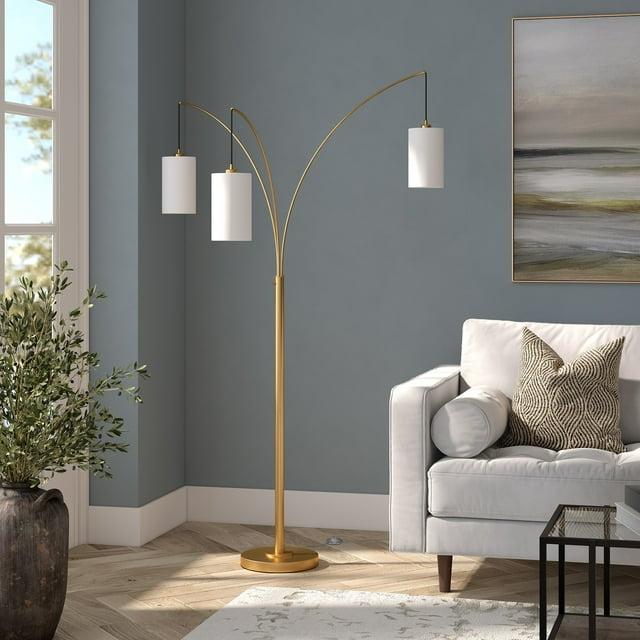 Evelyn&Zoe Aspen 3-Light Torchiere Floor Lamp with Fabric Shade, Brass/White
