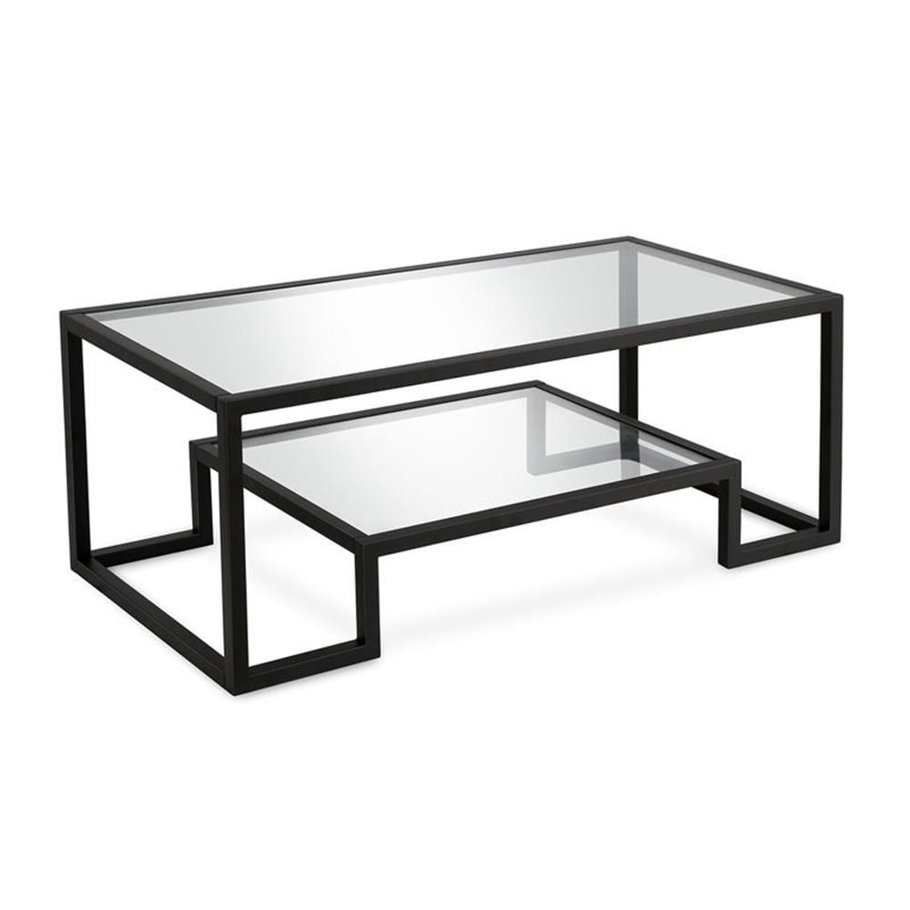 Blackened Bronze Rectangular Glass Coffee Table with Lower Shelf