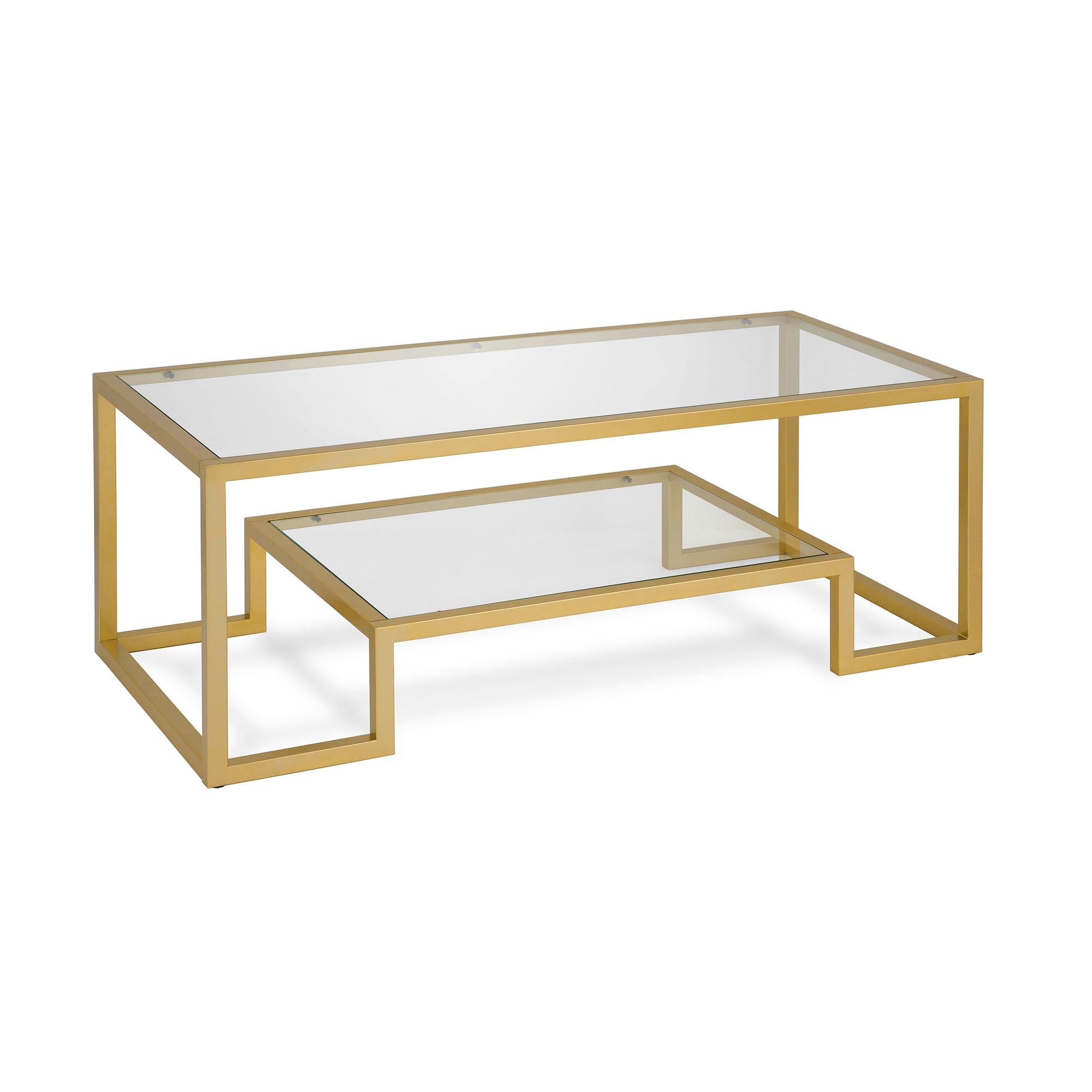 Athena 45" Wide Rectangular Brass & Glass Coffee Table with Shelf