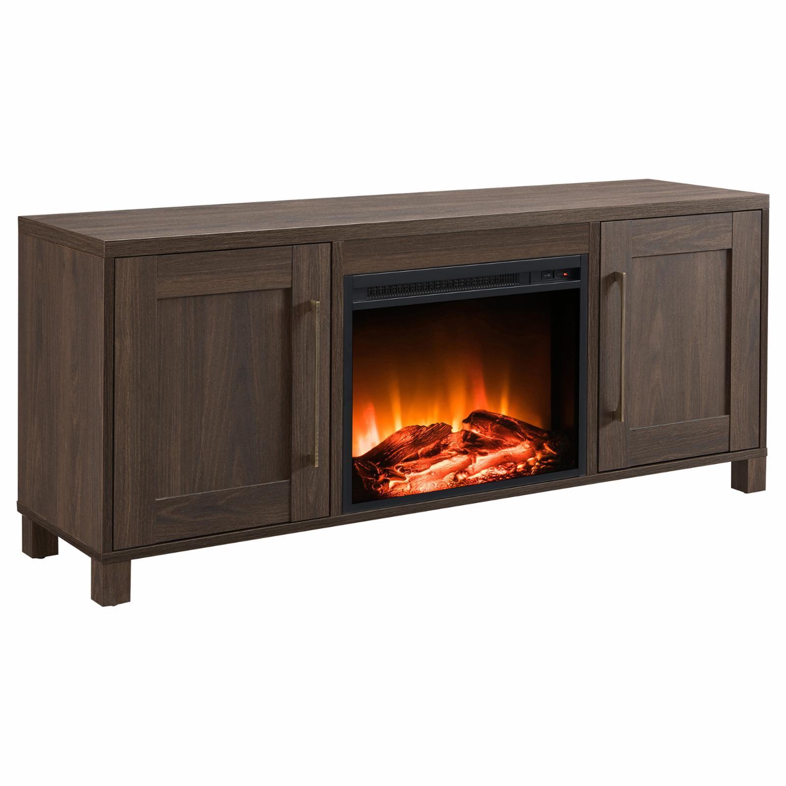 Alder Brown Transitional 58" TV Stand with Electric Fireplace and Cabinets