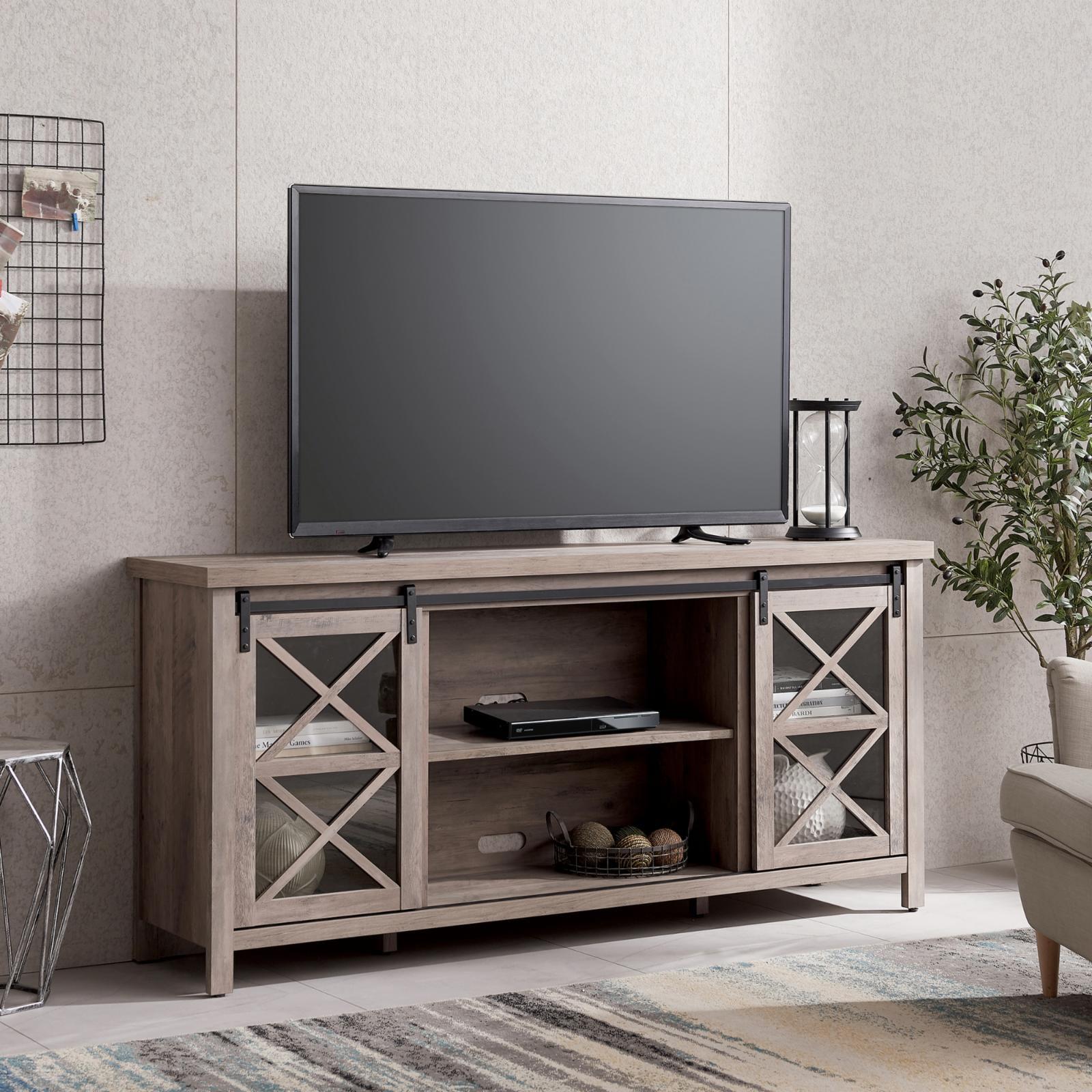 Clementine Antiqued Gray Oak TV Stand with Sliding Barn Doors