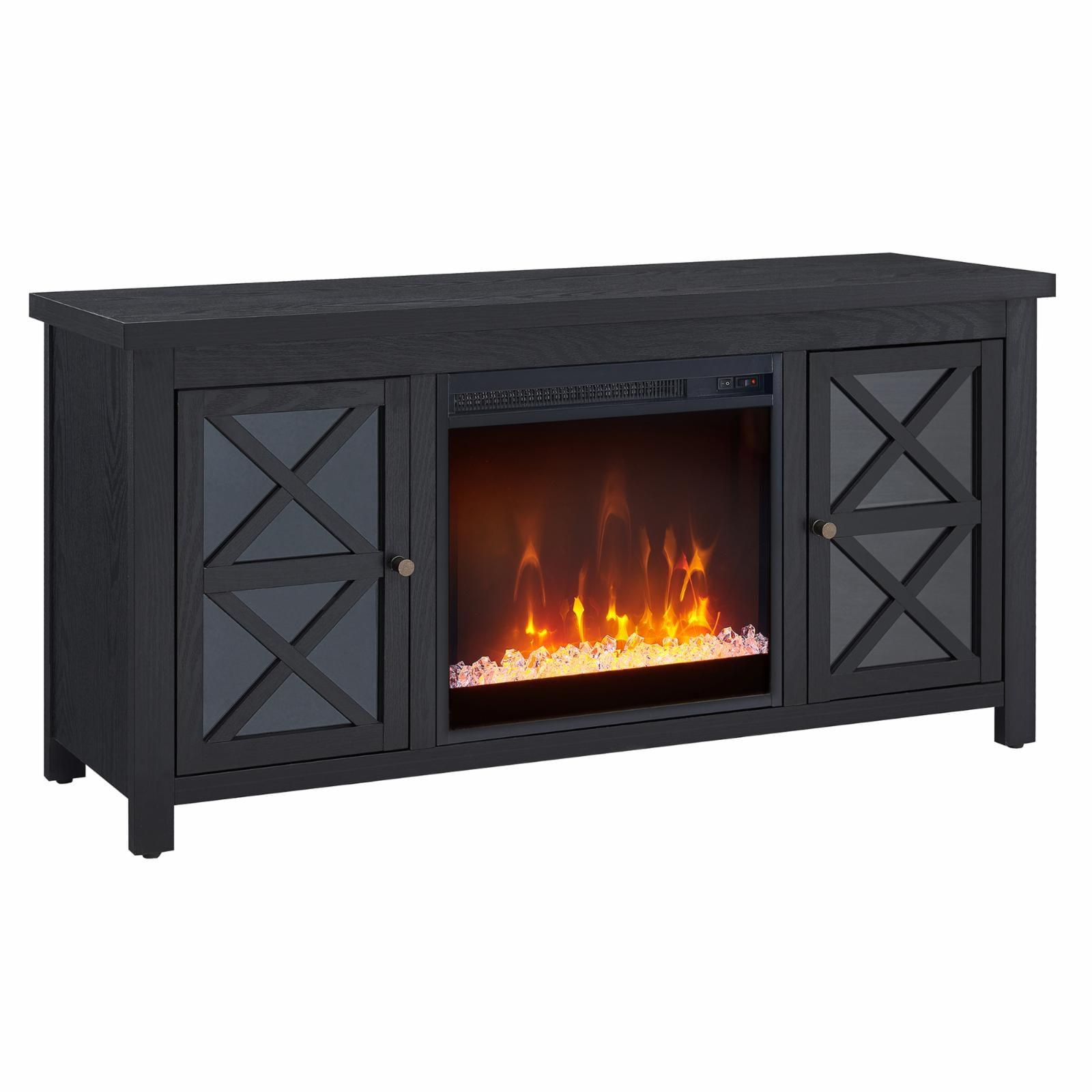 Colton 55" Black Metal TV Stand with Crystal Fireplace and Cabinet