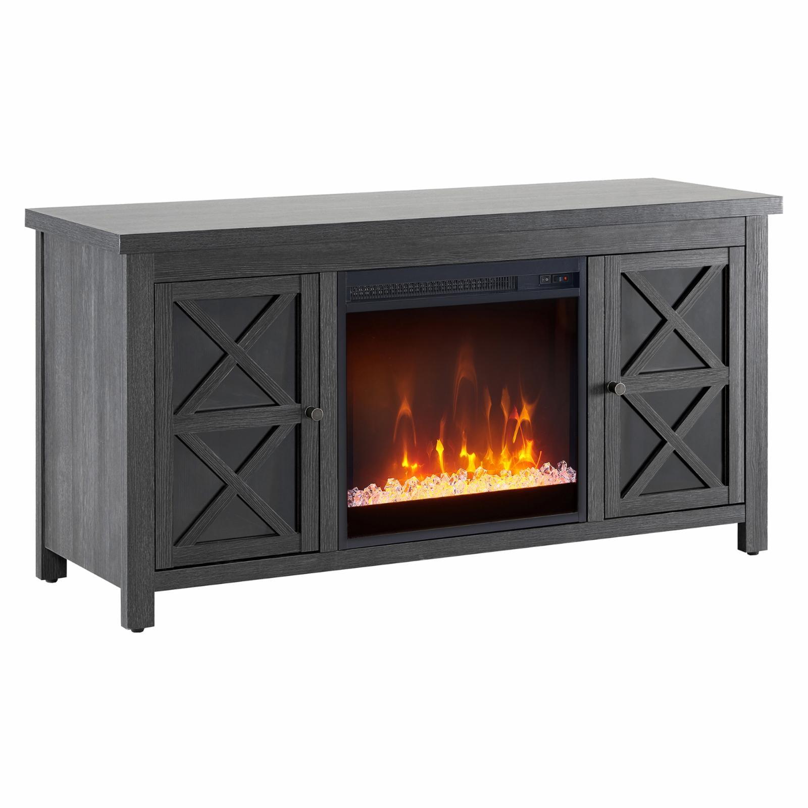 Colton 55" Charcoal Gray Metal TV Stand with Crystal Fireplace and Cabinet