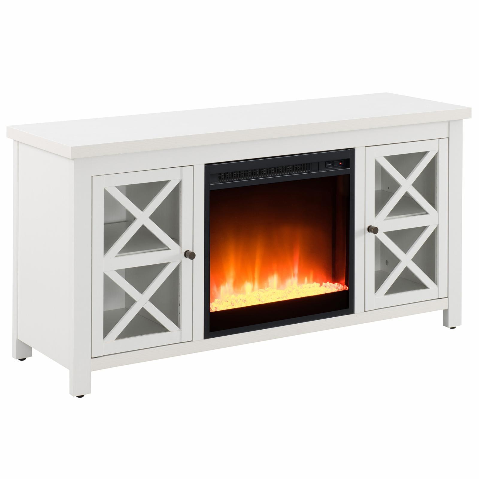 White 47 Inch TV Stand with Electric Fireplace and Glass Doors