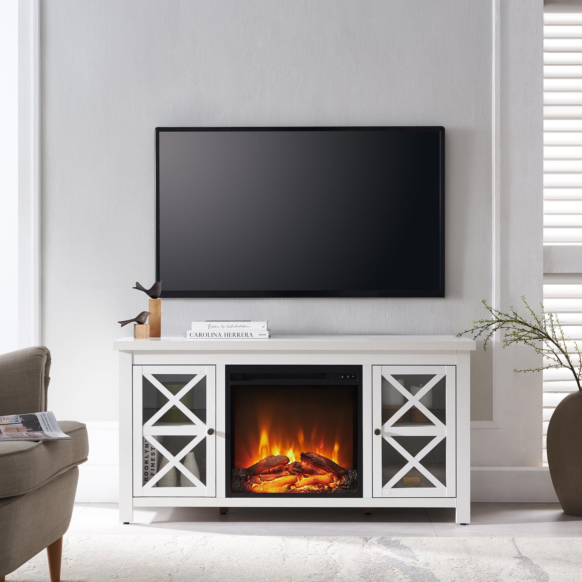 White Rectangular TV Stand with Fireplace and Cabinets