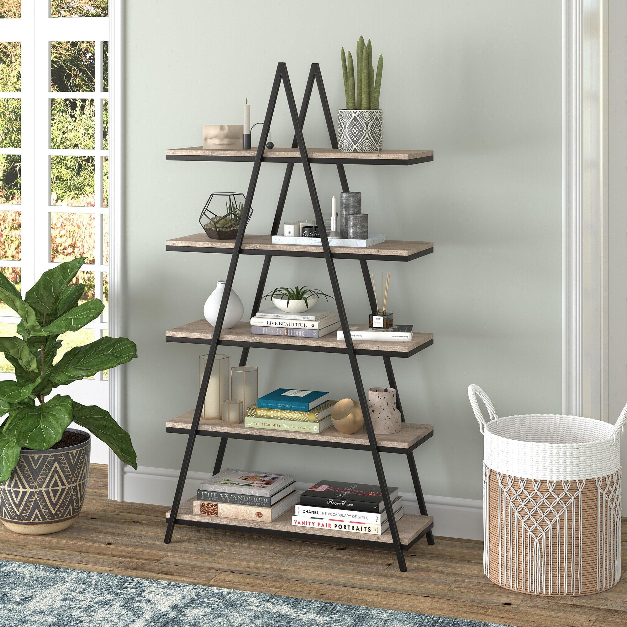 Conry 68'' Tall A-Frame Ladder Bookcase in Blackened Bronze/Antiqued Gray Oak