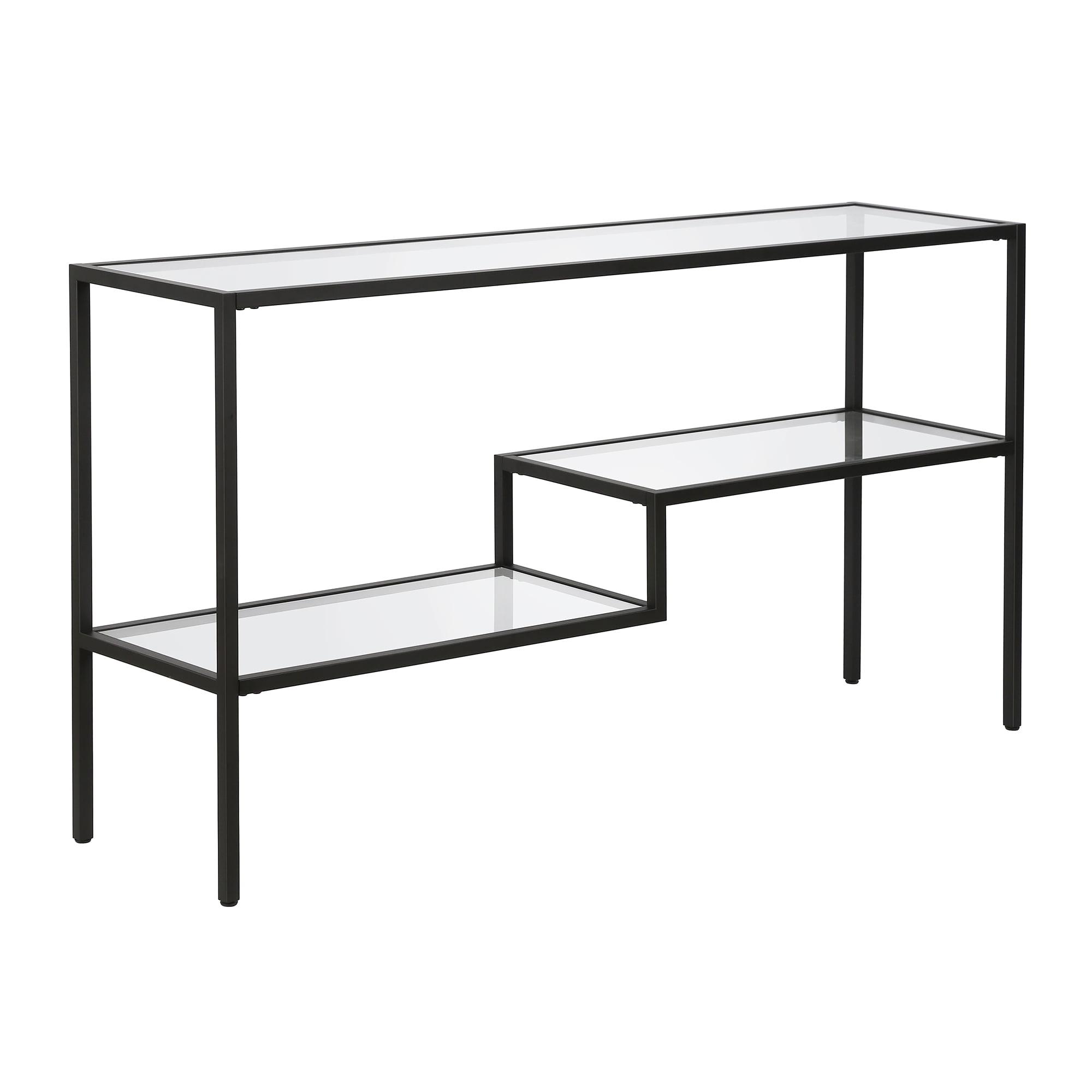 Modern Brushed Metal and Tempered Glass Console Table with Tiered Storage