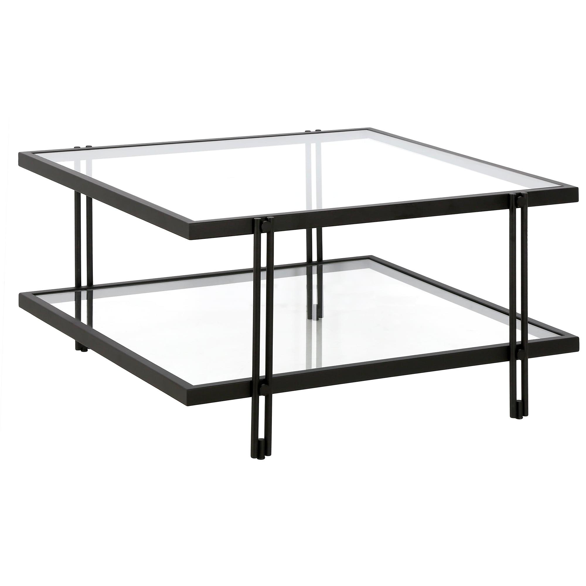 Modern Square Glass Coffee Table with Lower Shelf in Blackened Bronze