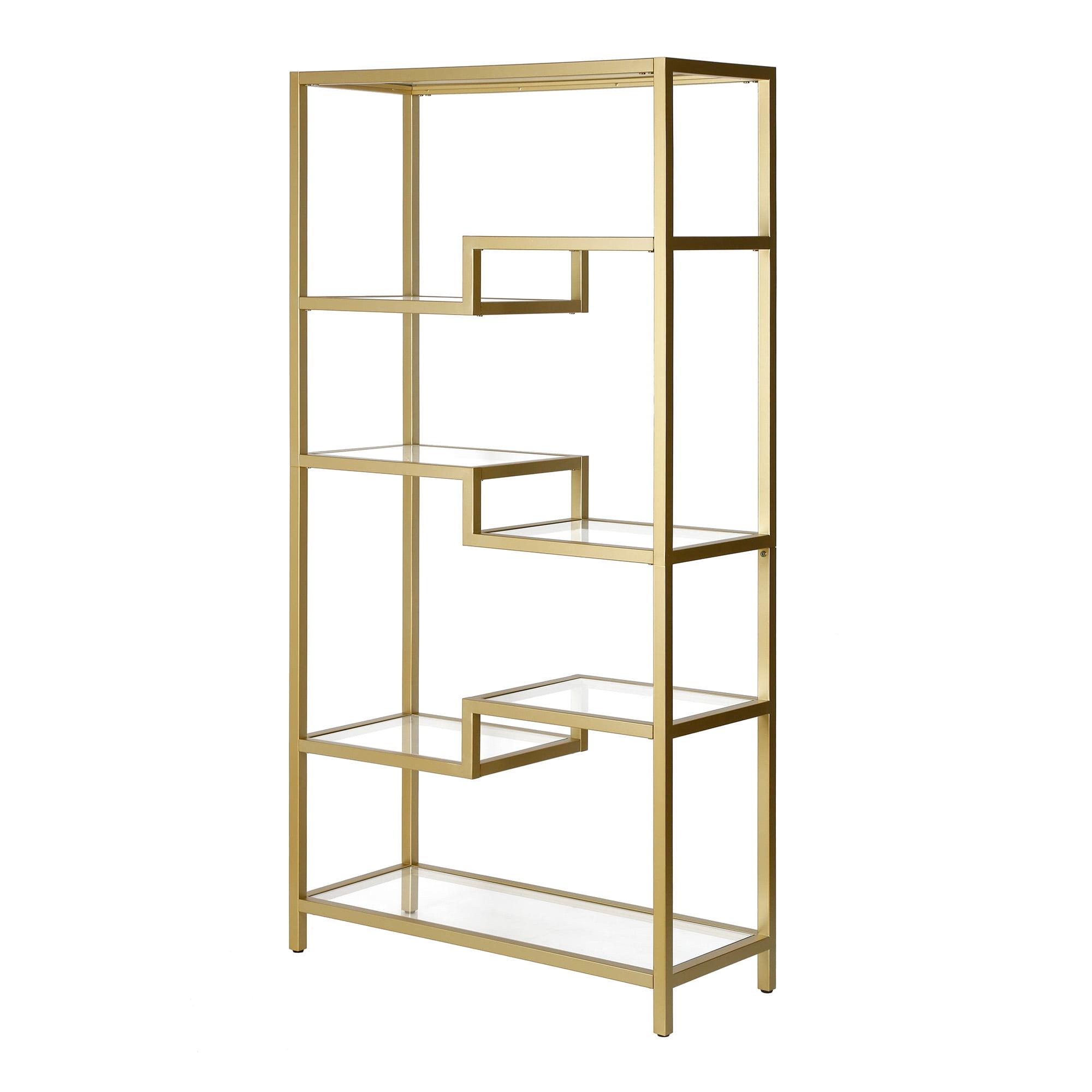 Contemporary 68'' Brass Metal and Tempered Glass 4-Tier Bookcase