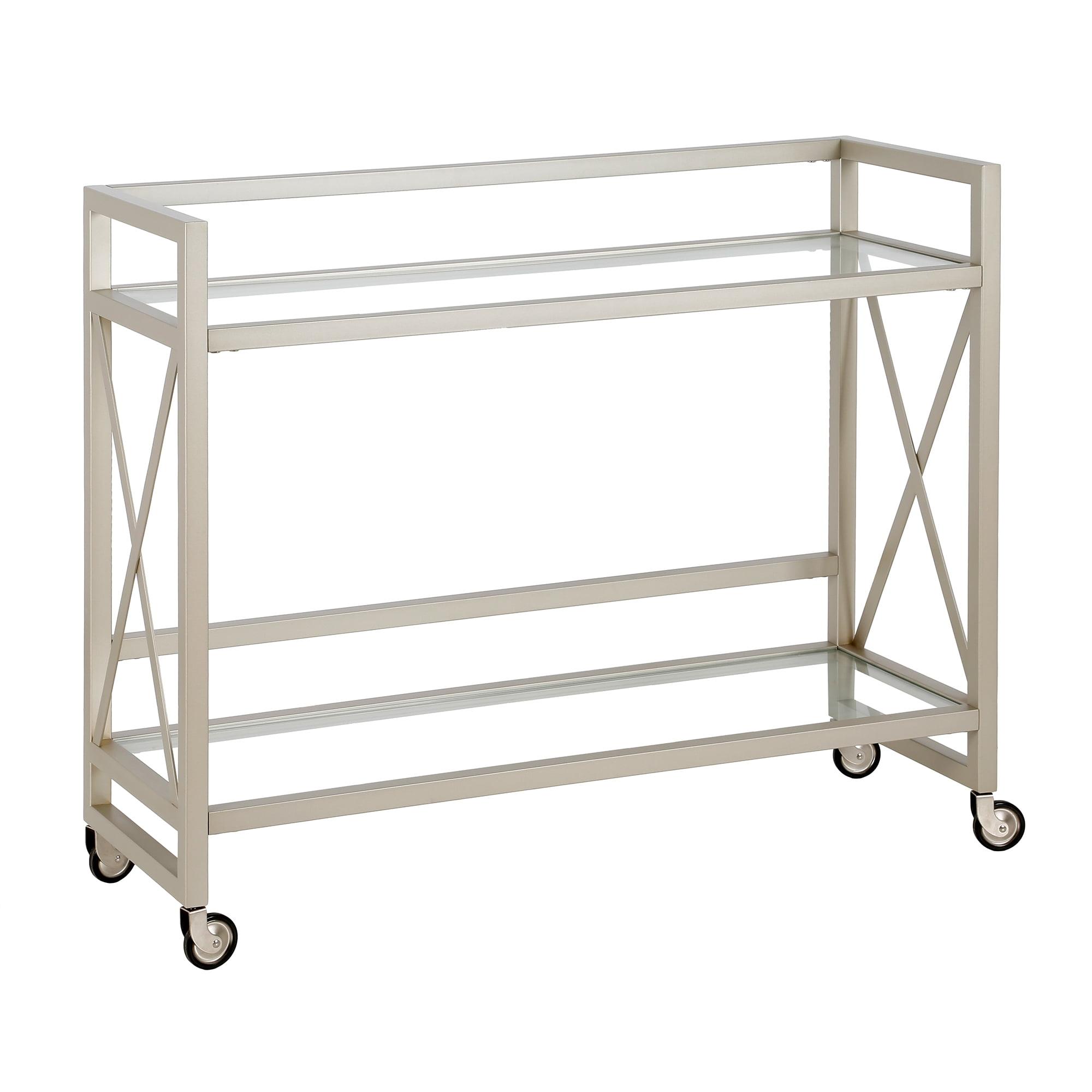 Contemporary Satin Nickel Rolling Bar Cart with Glass Shelves