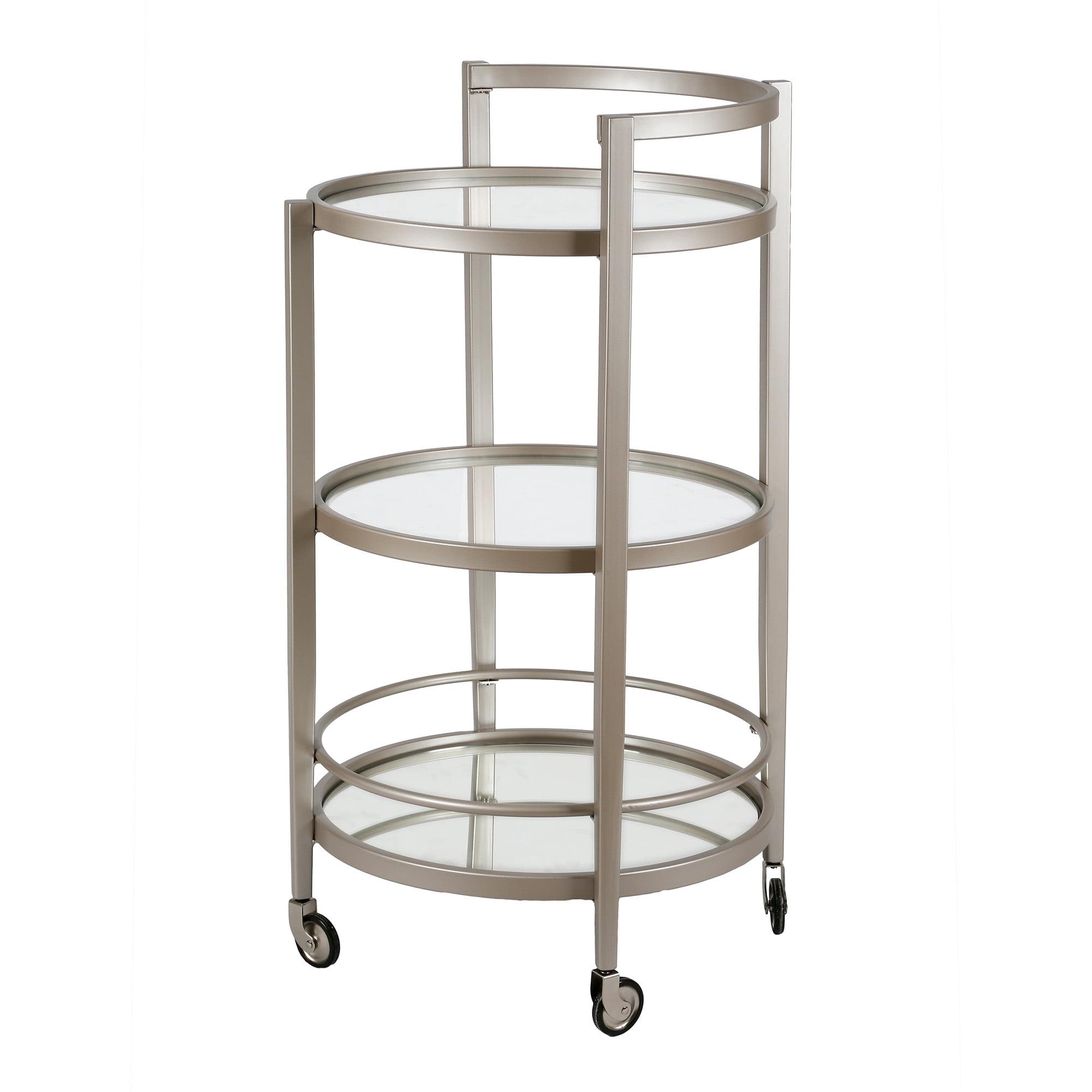 Satin Nickel Round Bar Cart with Glass Shelves