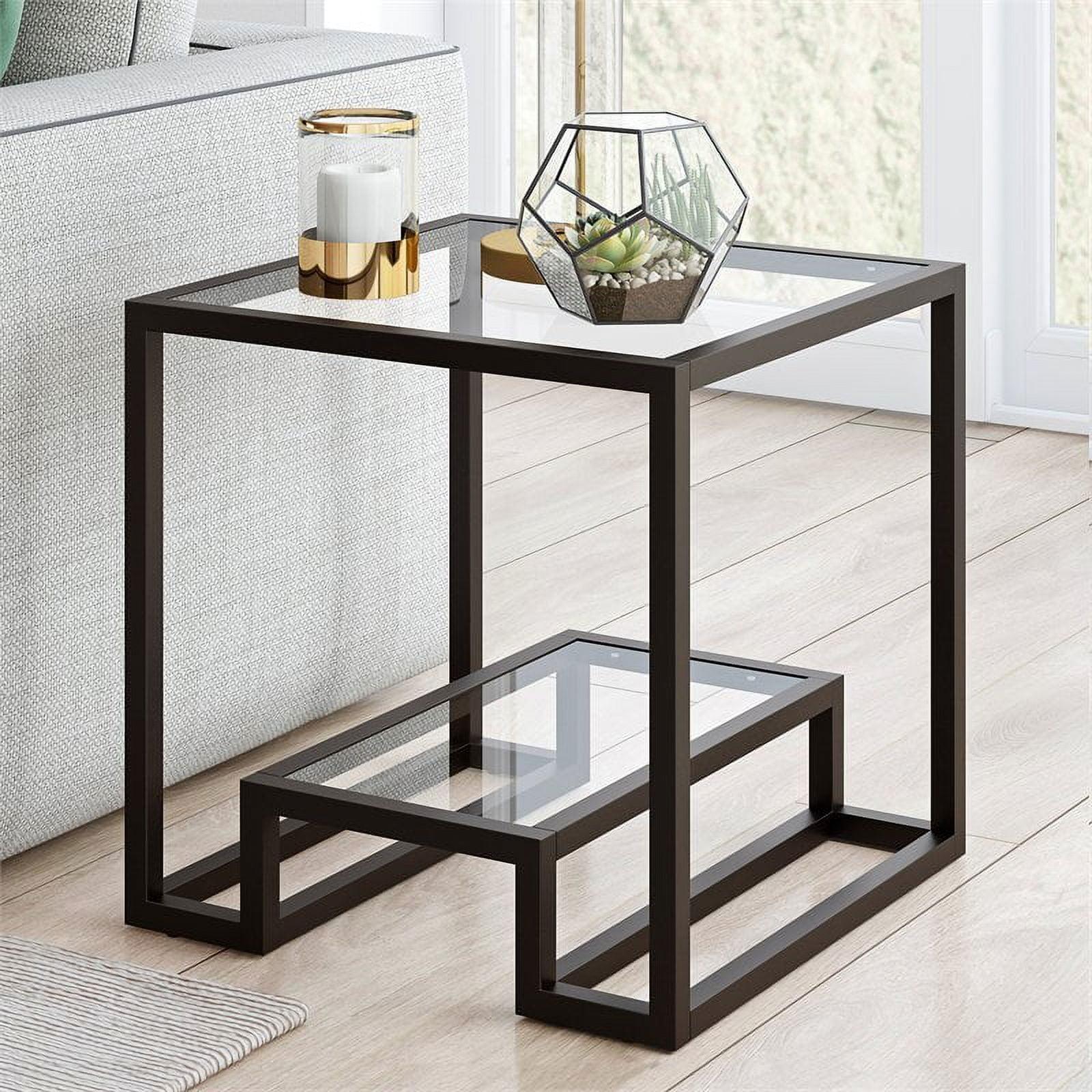 Athena 22'' Square Blackened Bronze Side Table with Glass Shelf