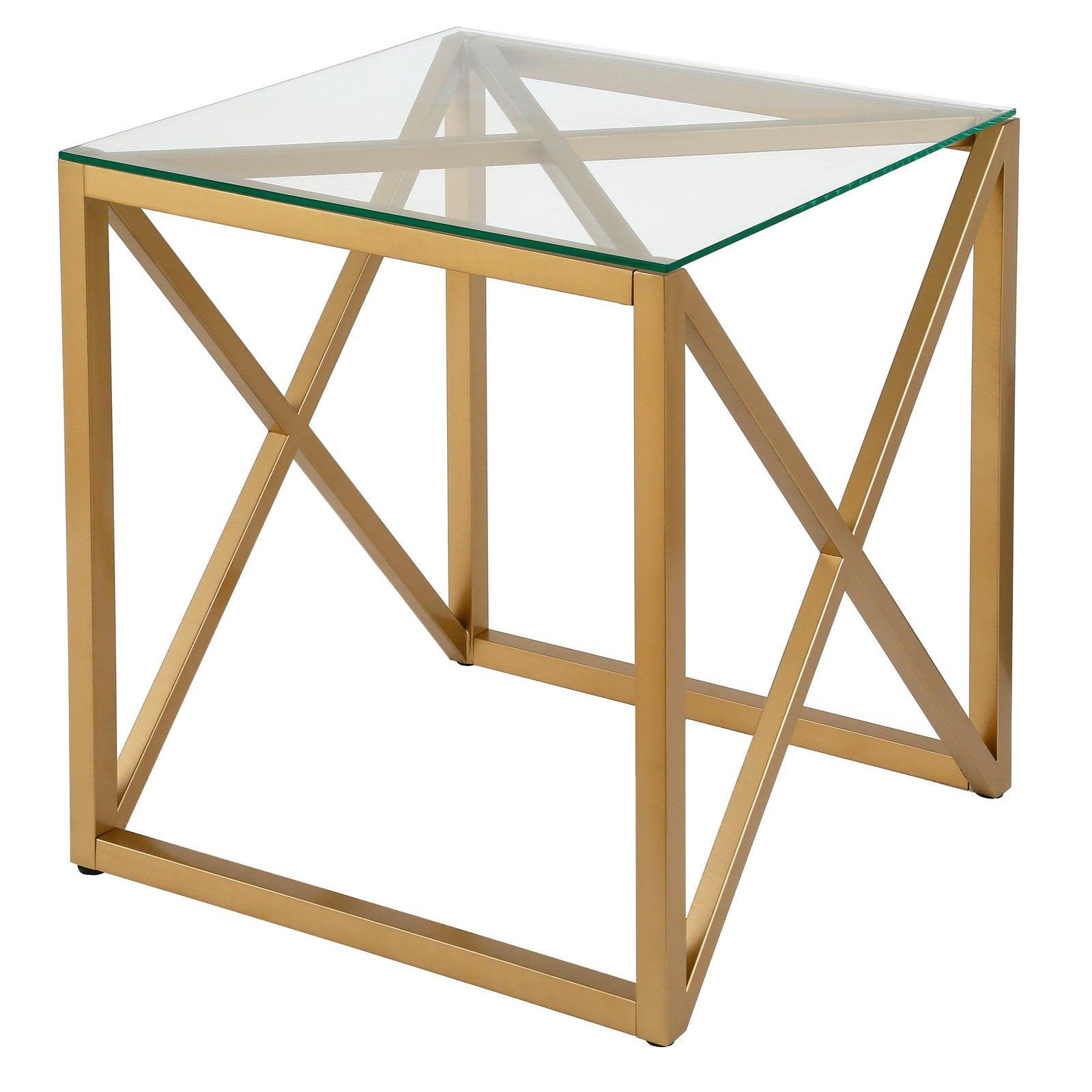 Gold Steel X-Base Square Glass Side Table