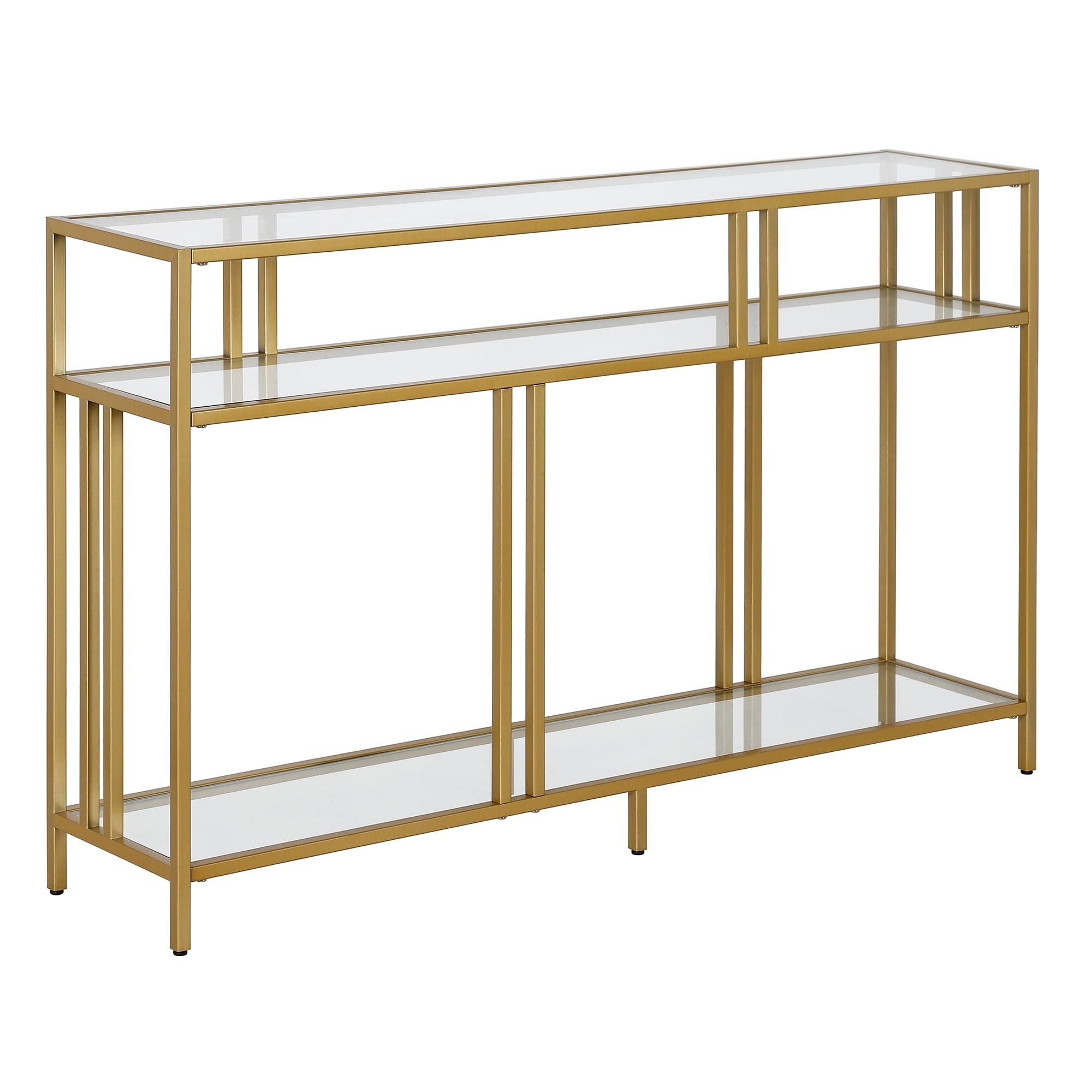 Cortland Industrial Brass 48" Console Table with Tempered Glass Shelves